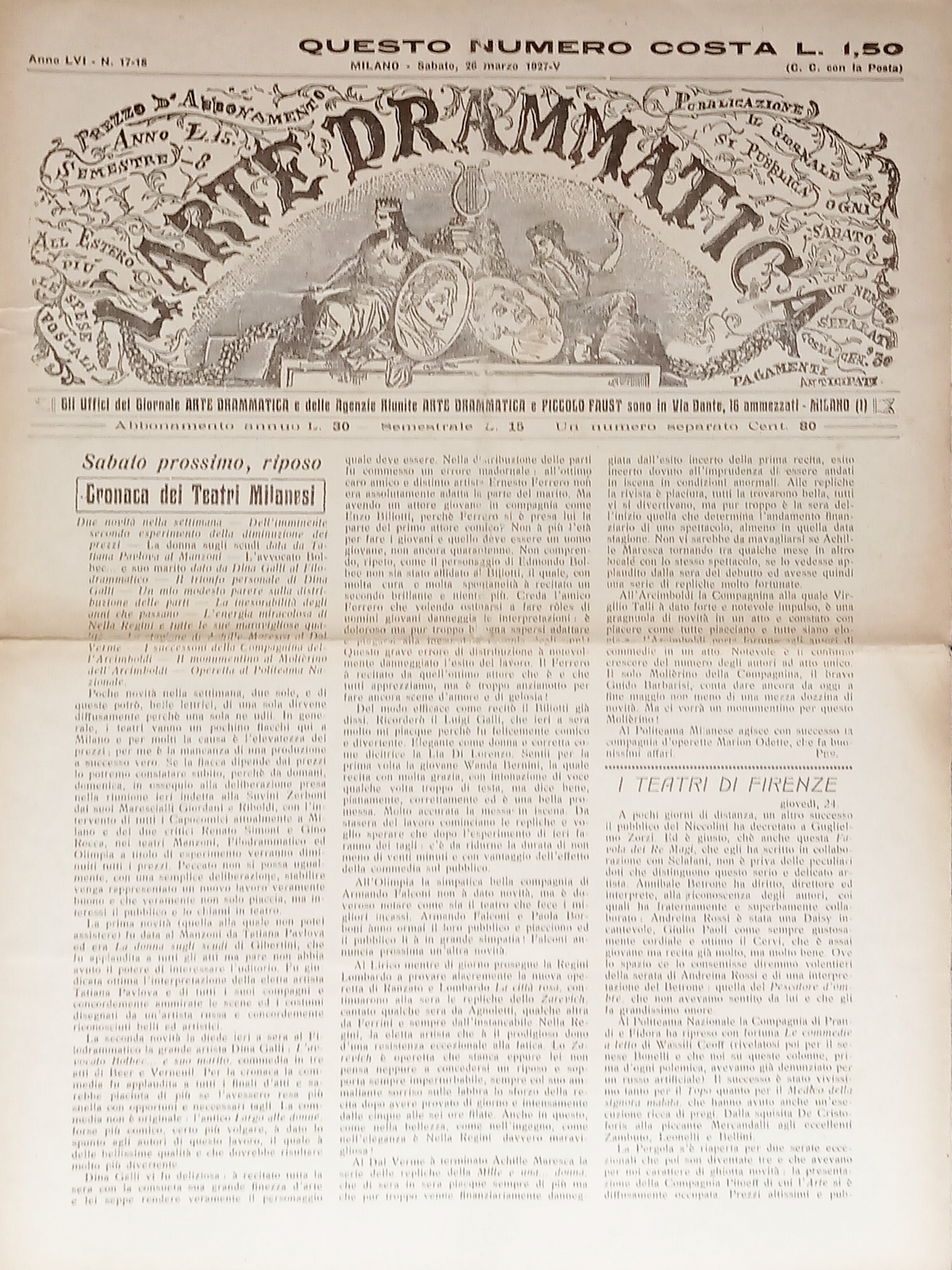 Giornale - L'Arte Drammatica N. 17-18 - 1927 Cronaca dei …