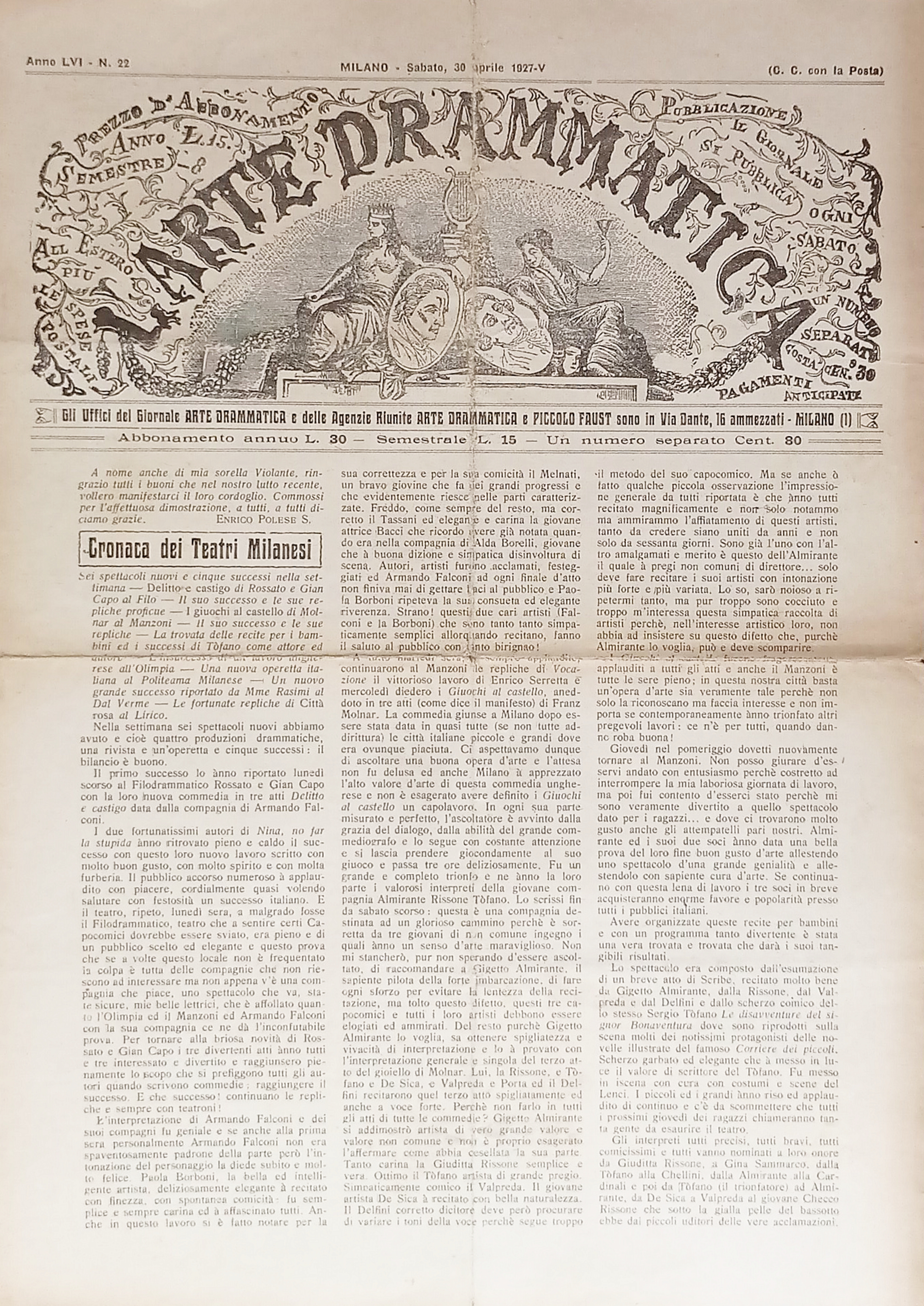 Giornale - L'Arte Drammatica N. 22 - 1927 Cronaca dei …