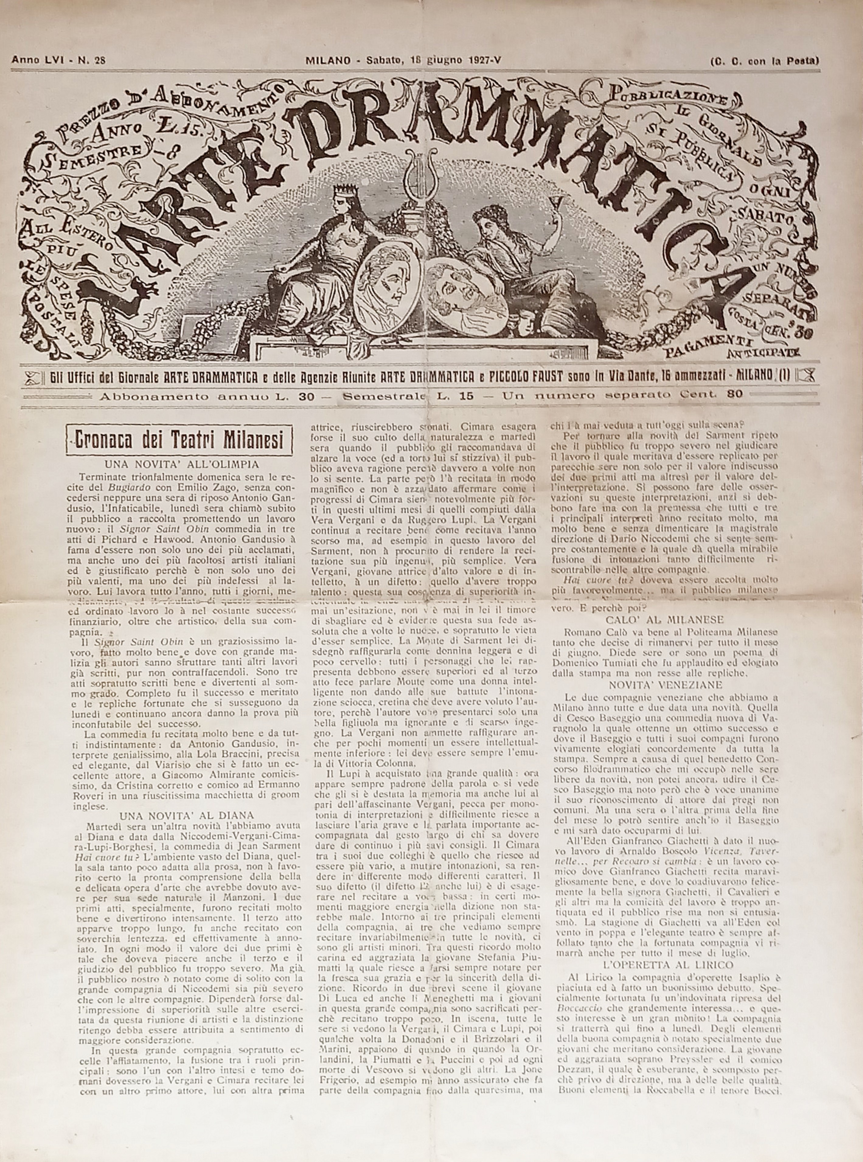 Giornale - L'Arte Drammatica N. 28 - 1927 Cronaca dei …