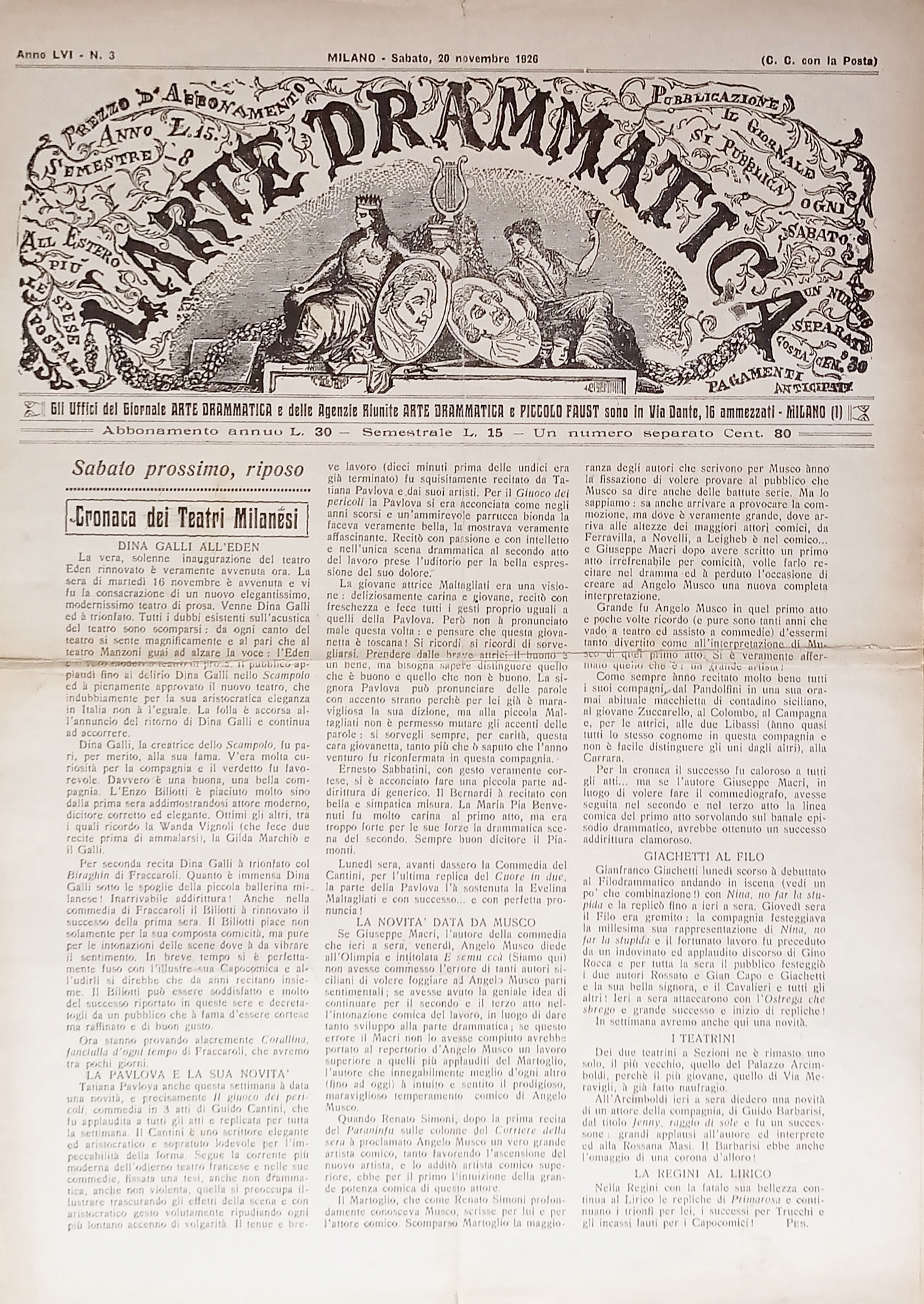 Giornale - L'Arte Drammatica N. 3 - 1926 Cronaca dei …
