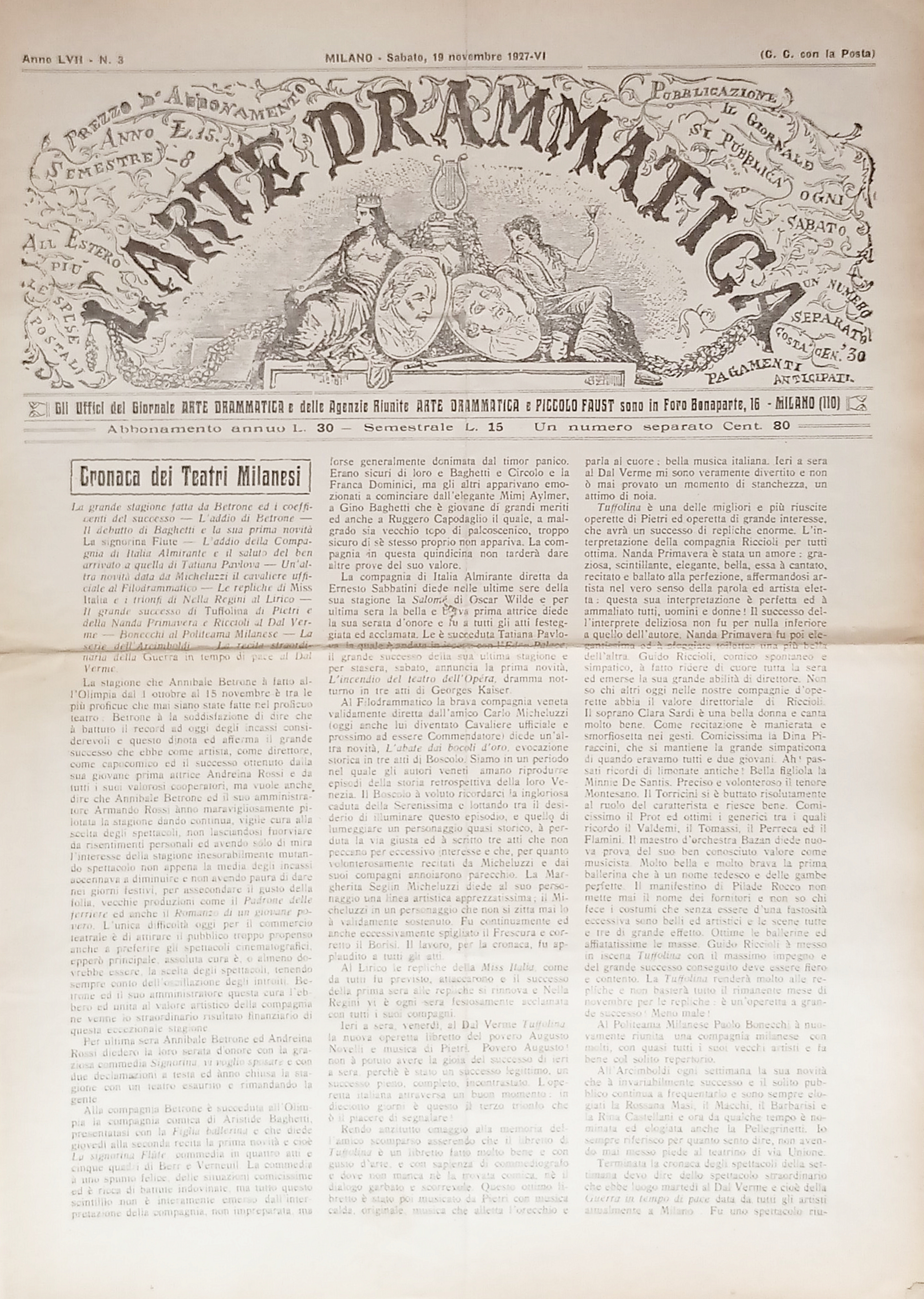 Giornale - L'Arte Drammatica N. 3 - 1927 Cronaca dei …