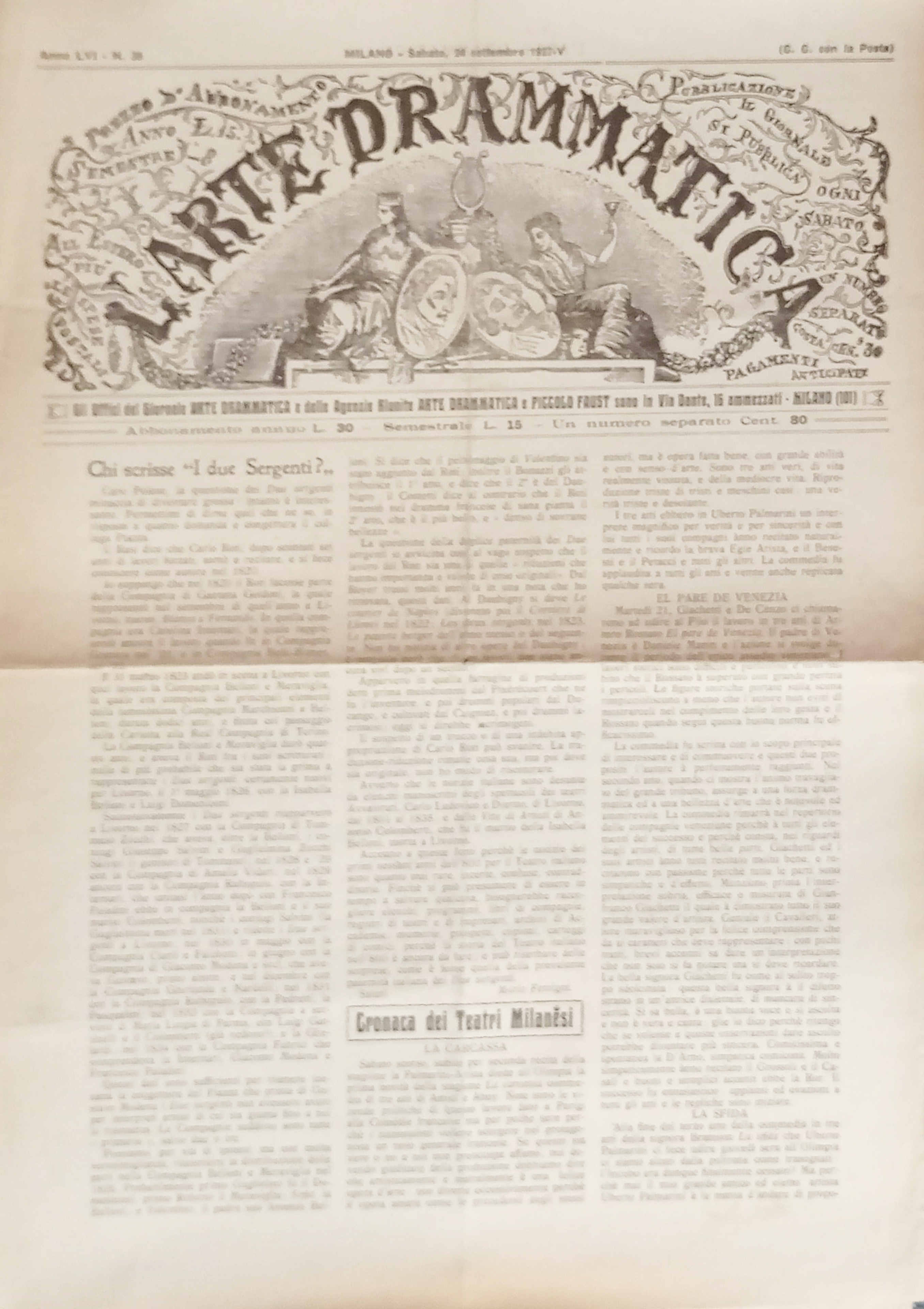 Giornale - L'Arte Drammatica N. 38 - 1927 Cronaca dei …