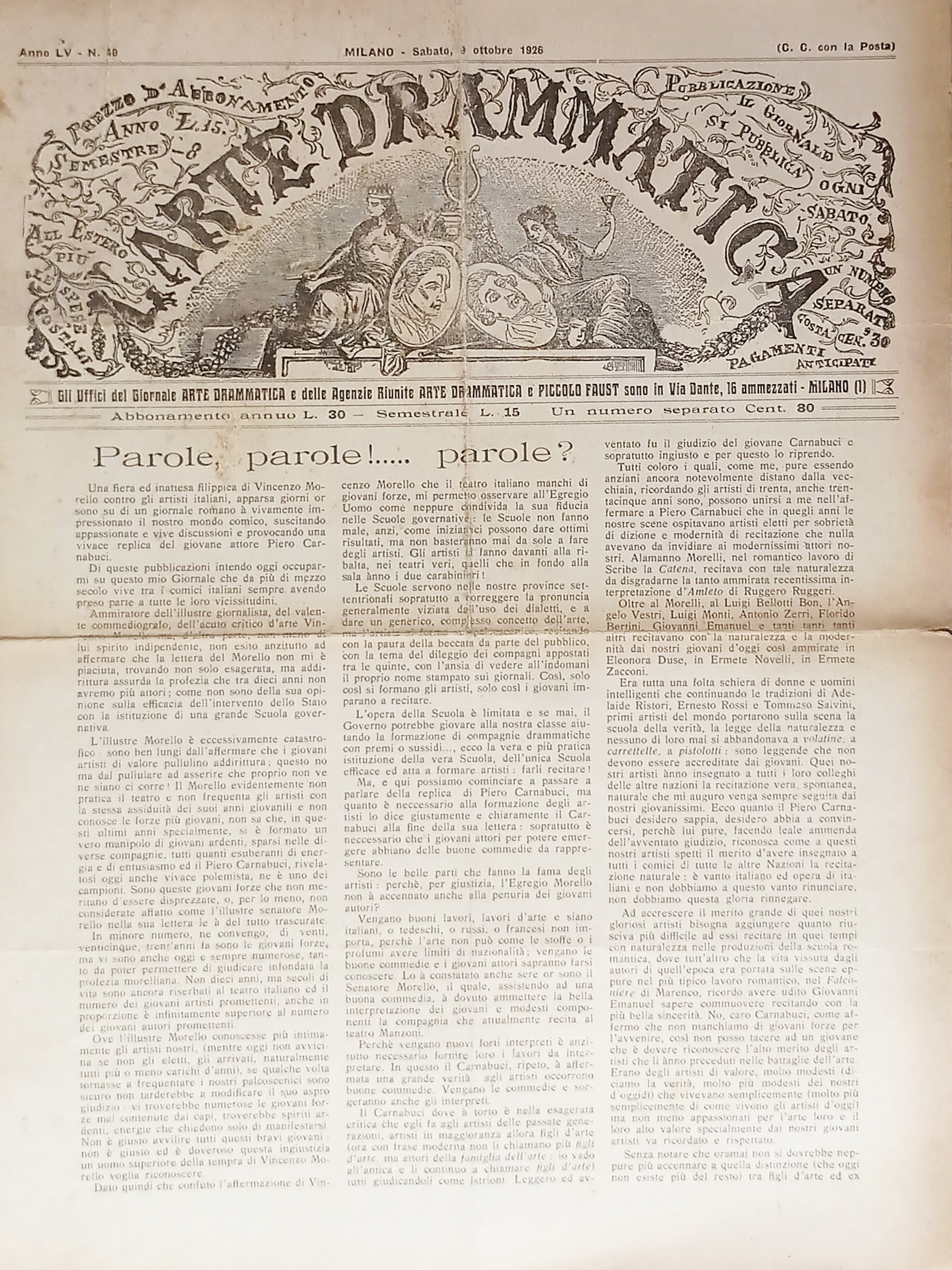 Giornale - L'Arte Drammatica N. 40 - 1926 Parole, parole!..Parole?