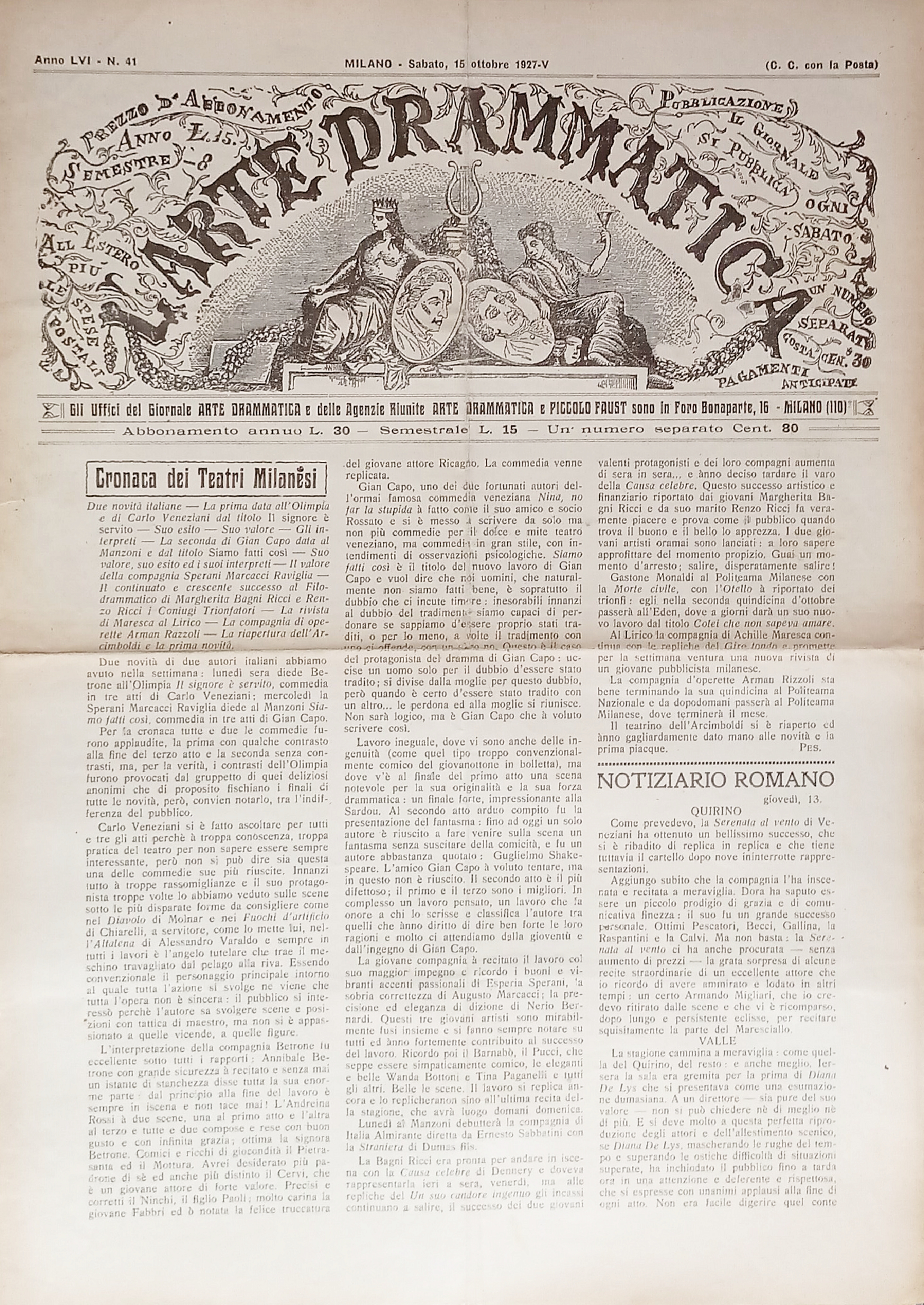 Giornale - L'Arte Drammatica N. 41 - 1927 Notiziario Romano
