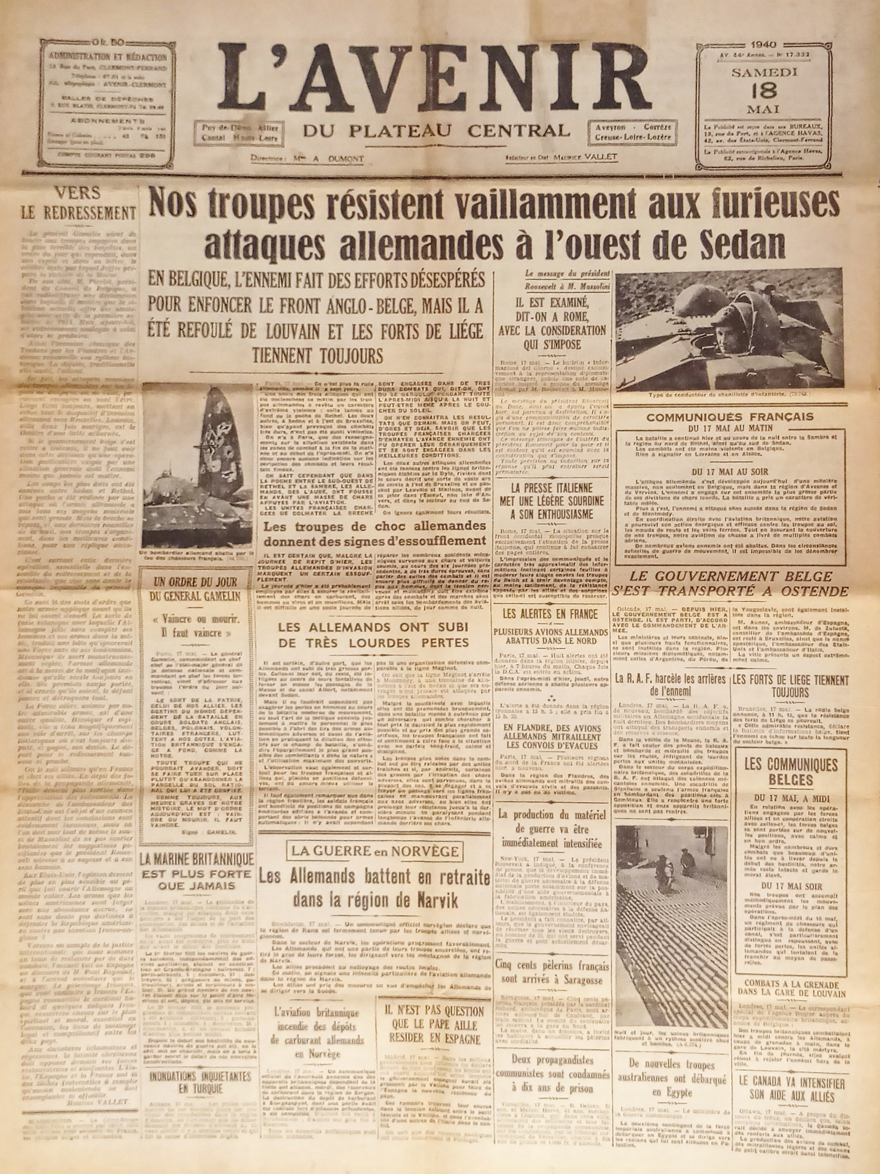 Giornale - L'Avenir N. 17.332 - 1940 Attaques allemandes à …