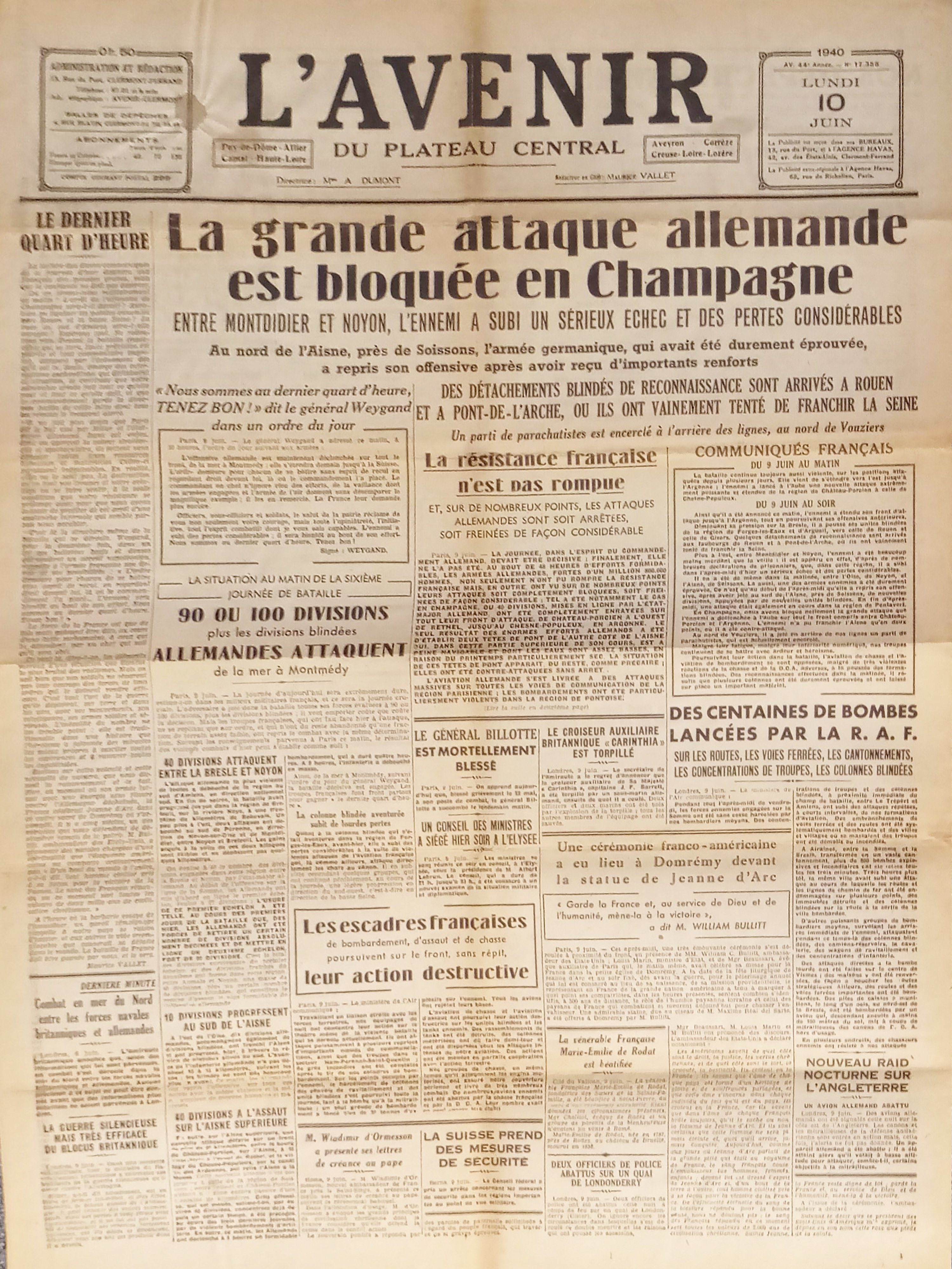 Giornale - L'Avenir N.17.355 - 1940 Attaque allemande est bloquée …