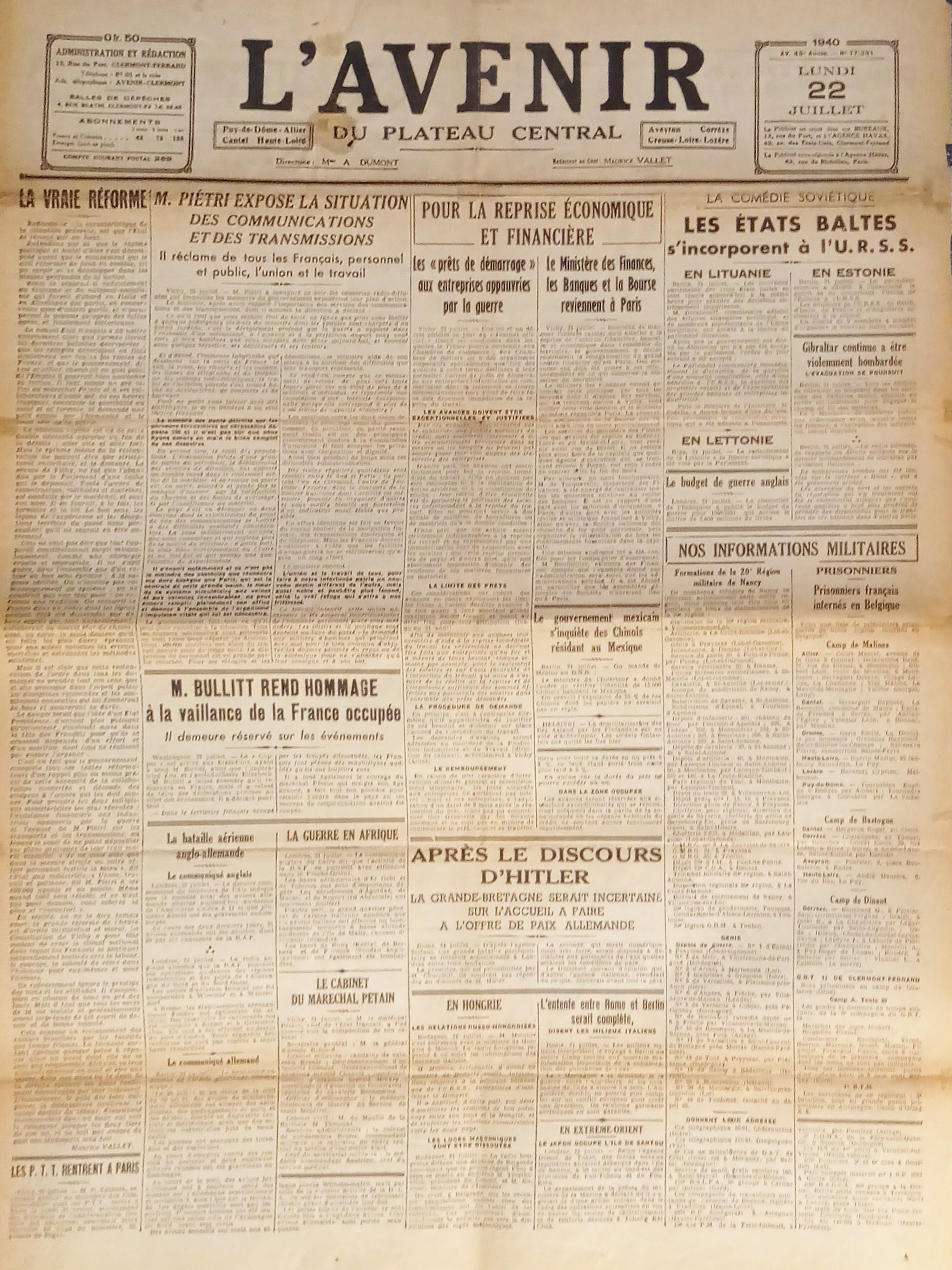 Giornale - L'Avenir N. 17.391 - 1940 Les états Baltes …