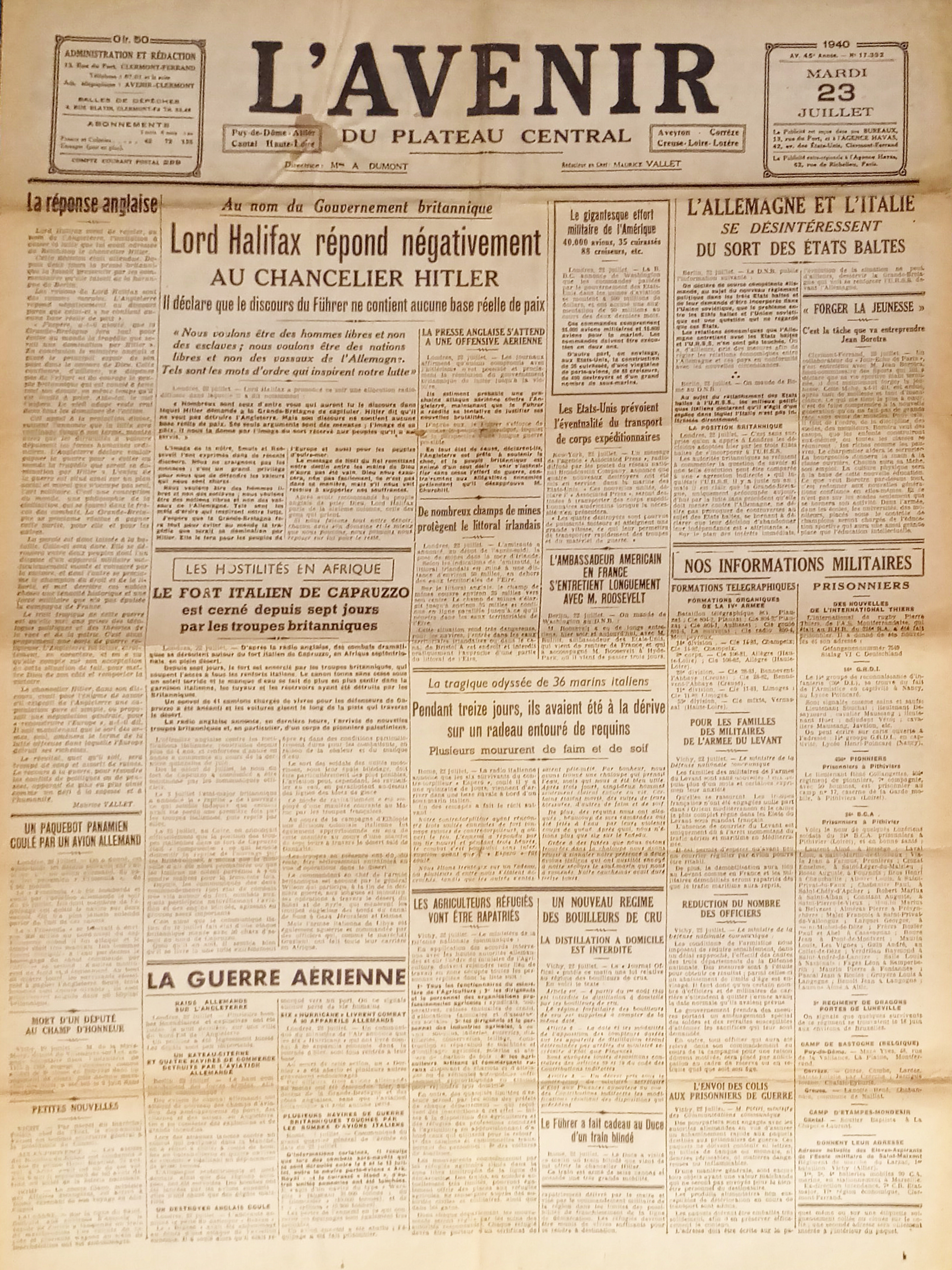 Giornale - L'Avenir N. 17.392 - 1940 Lord Halifax répond …