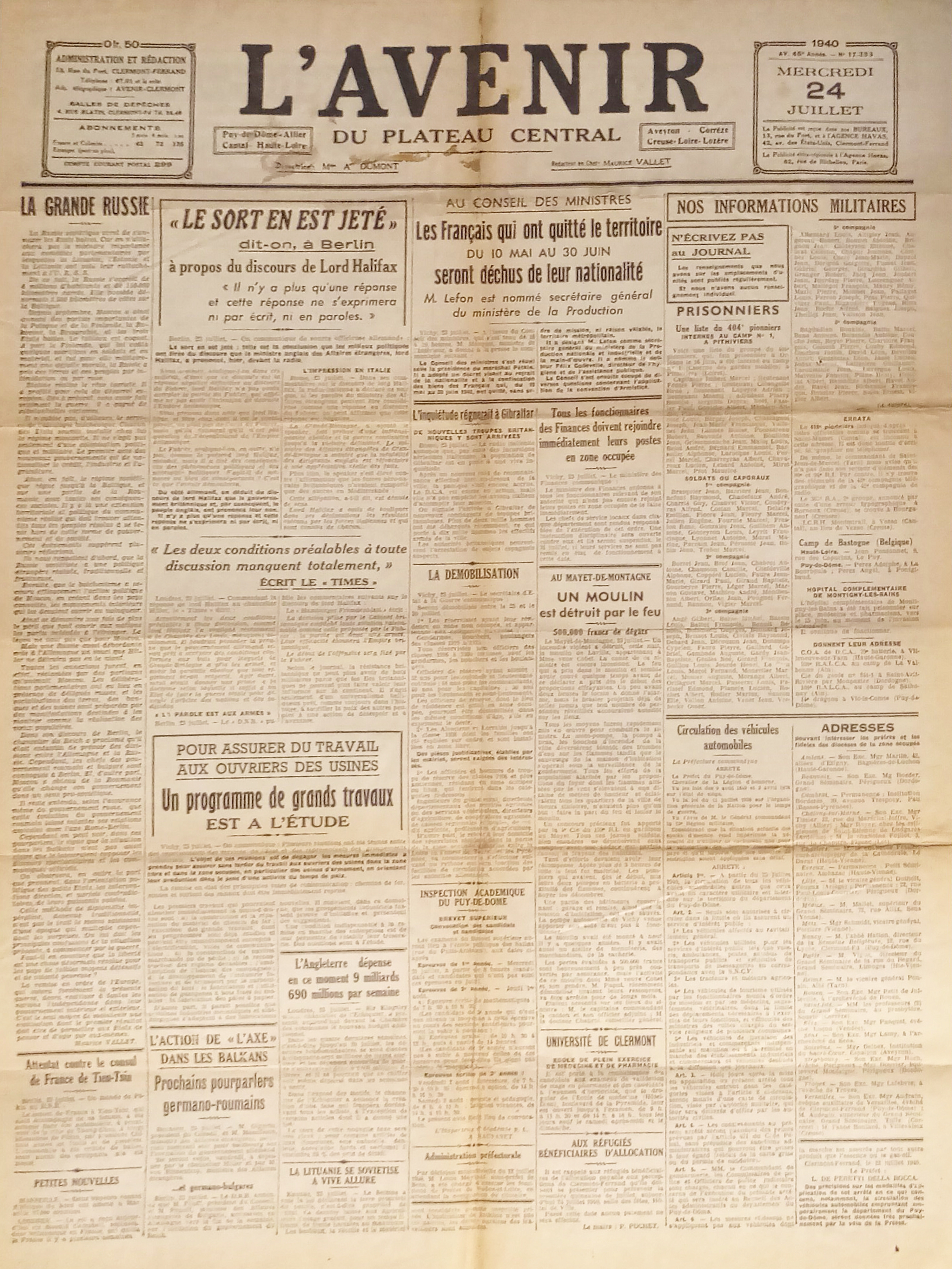 Giornale - L'Avenir N. 17.393 - 1940 Les Francais qui …