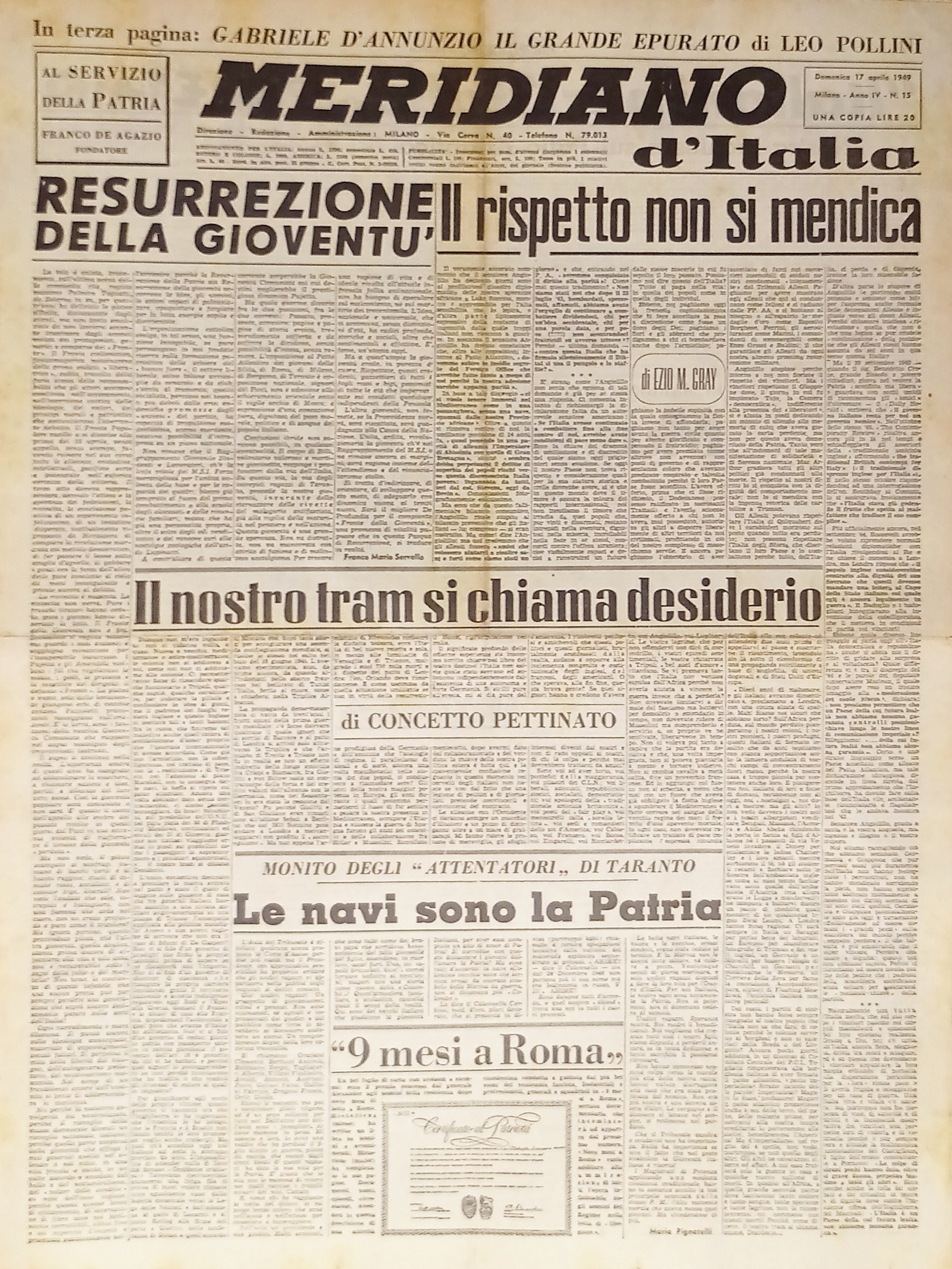 Giornale - Meridiano d'italia N. 15 - 1949 Resurrezione della …