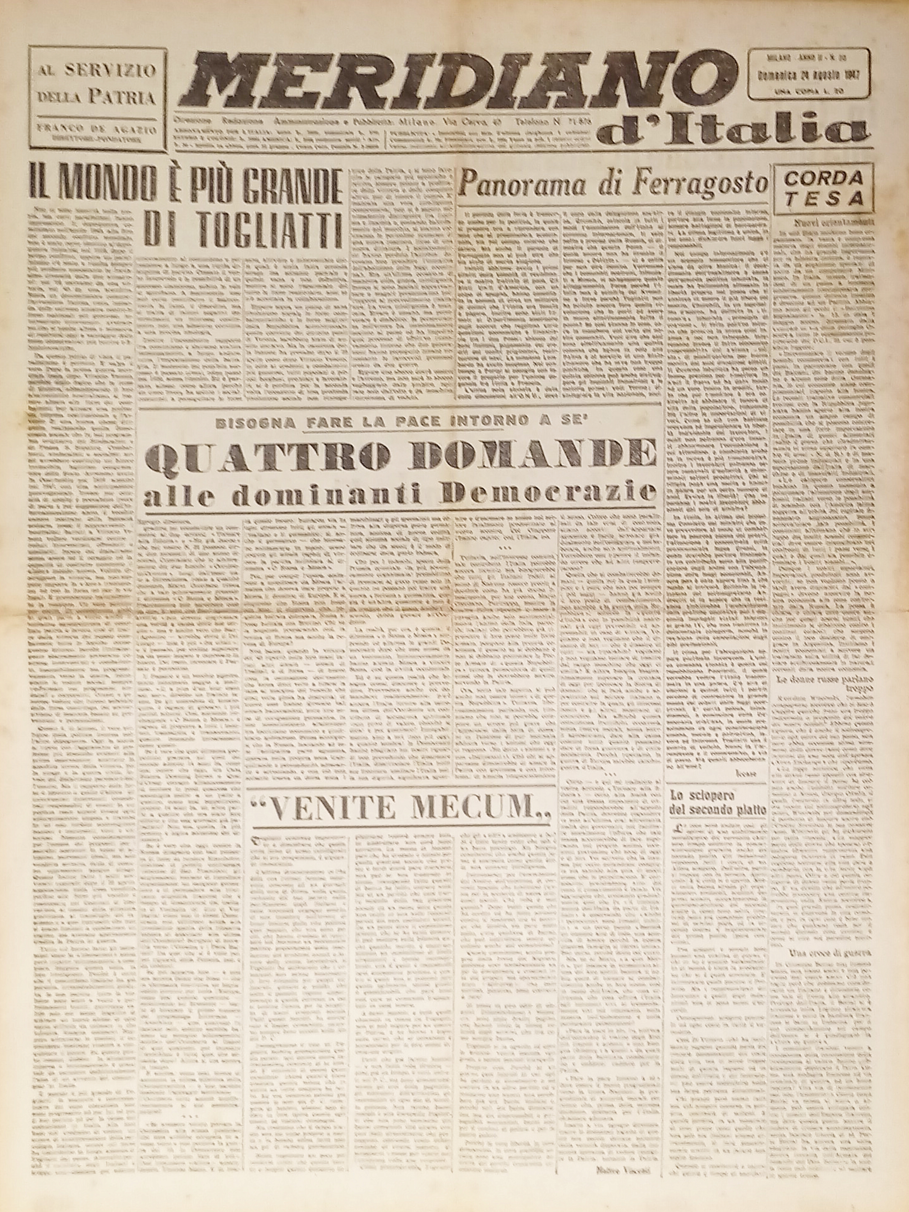 Giornale - Meridiano d'italia N. 30 - 1947 Il mondo …