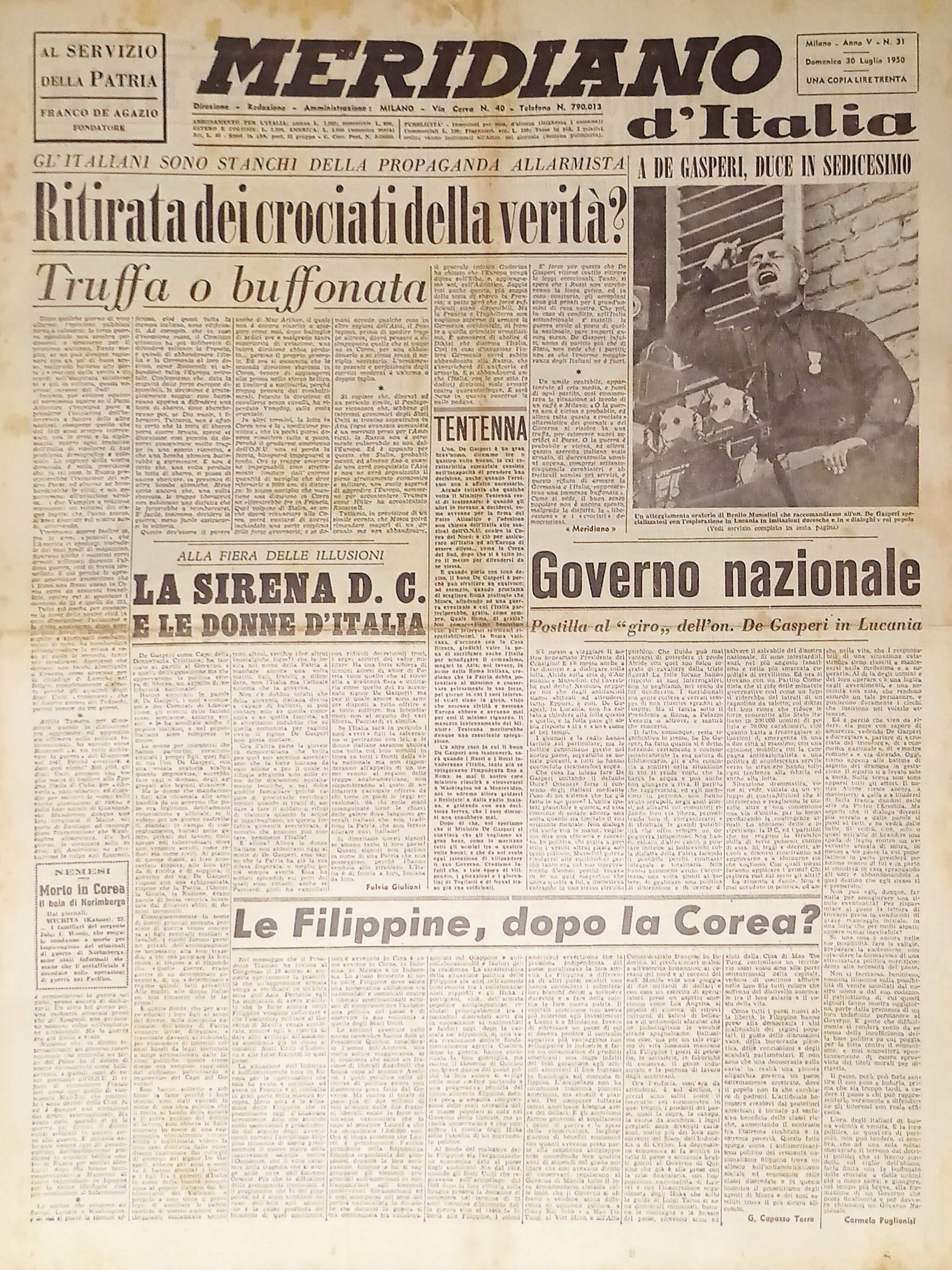 Giornale - Meridiano d'italia N. 31 - 1950 Ritirati dei …