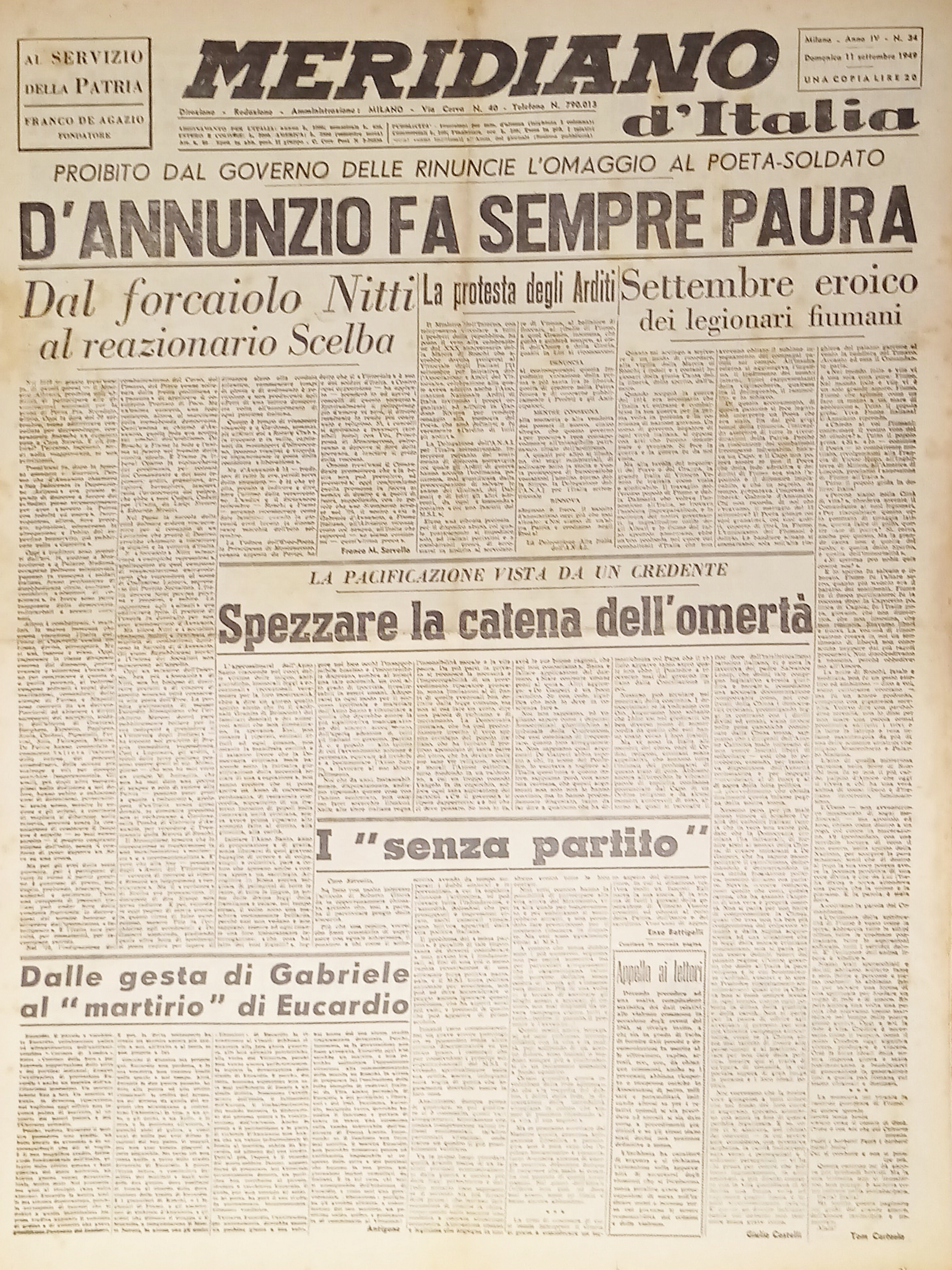 Giornale - Meridiano d'italia N. 34 - 1949 D'Annunzio fa …