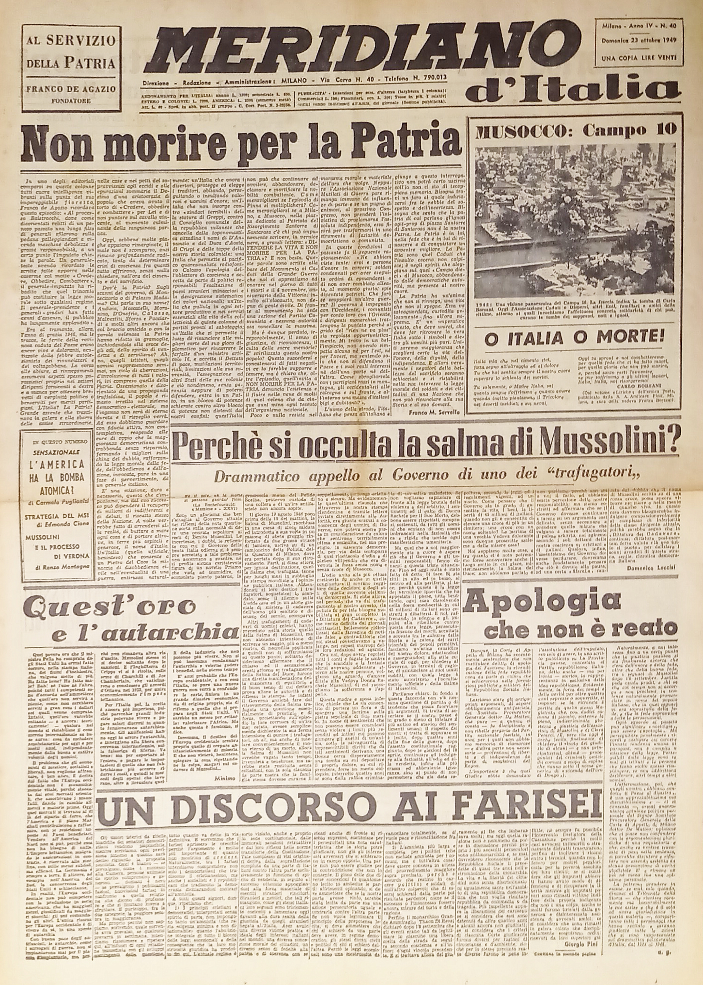 Giornale - Meridiano d'italia N. 40 - 1949 Non morire …