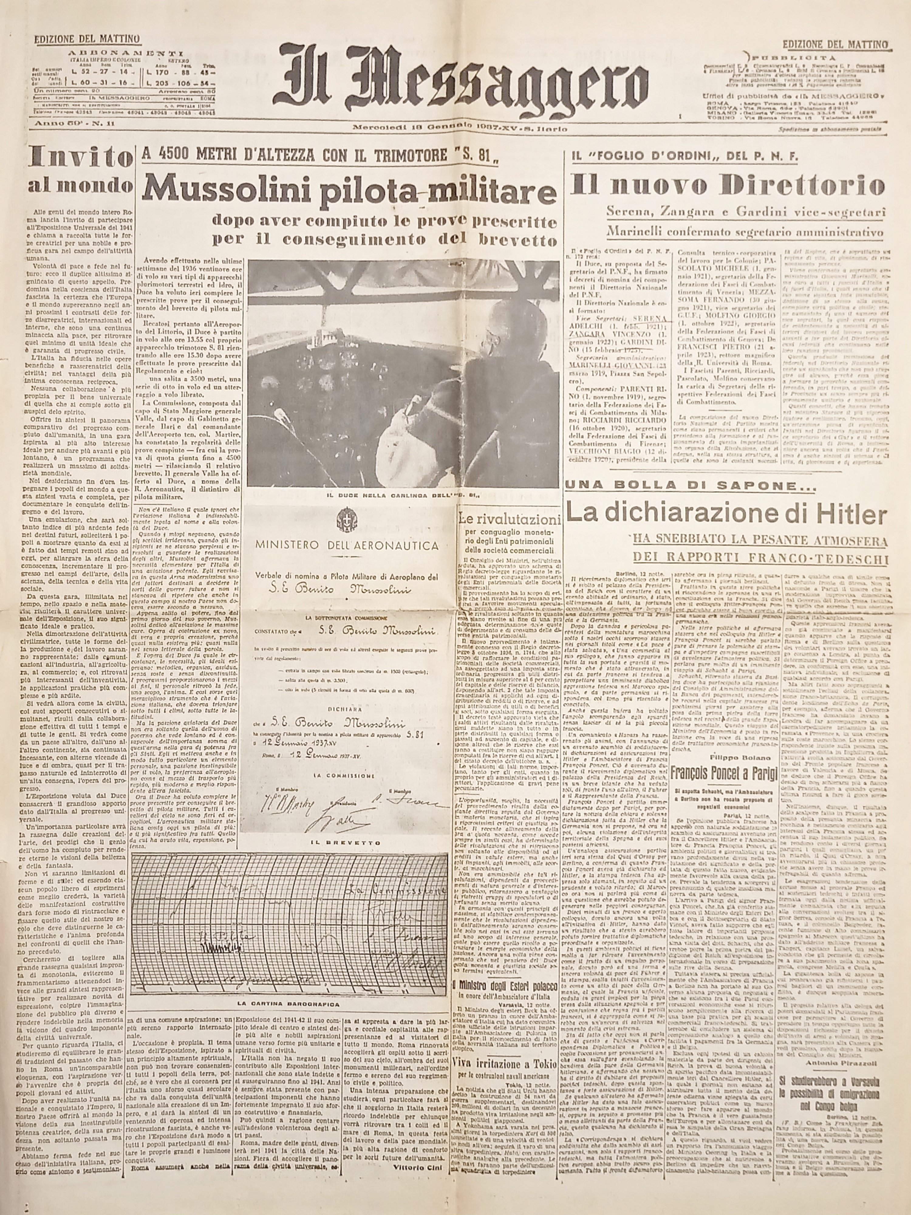 Giornale Attualità Politica - Il Messaggero N. 11 Mussolini pilota …