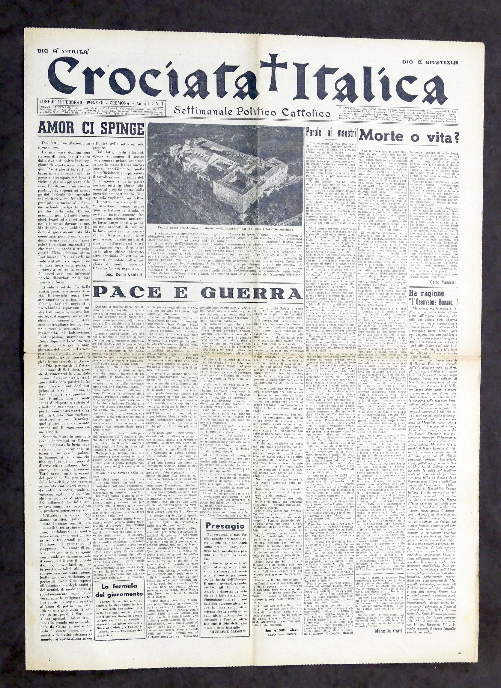 Giornale Crociata Italica Settimanale politico cattolico Anno I N° 7 …