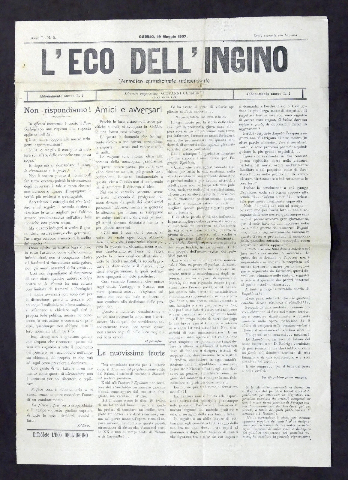 Giornale d'epoca - L'Eco dell'Ingino - Quindicinale - Anno I …