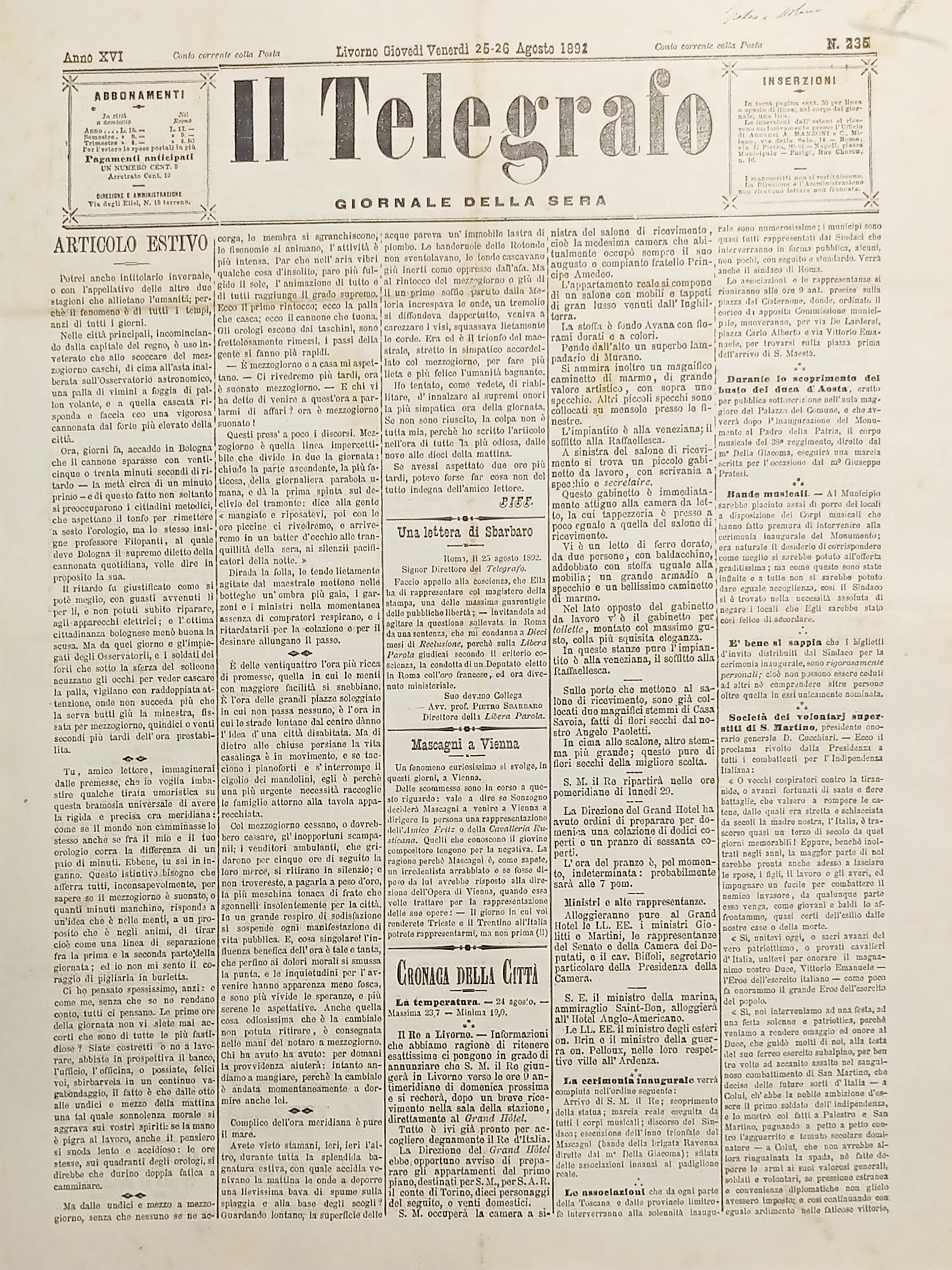 Giornale della Sera Livorno - Il Telegrafo N. 235 - …