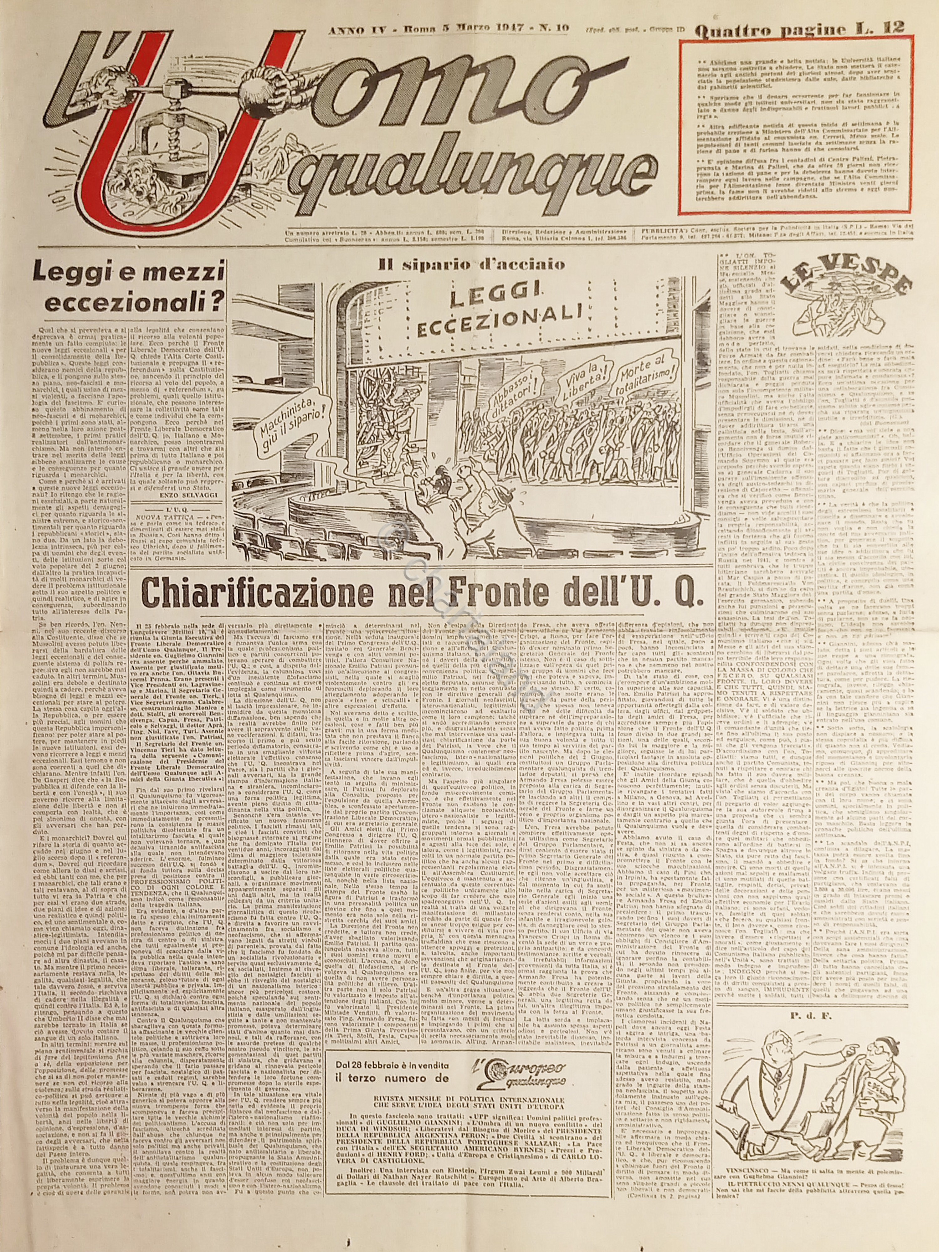 Giornale di G. Giannini - L'Uomo qualunque N. 10 Chiarificazione …