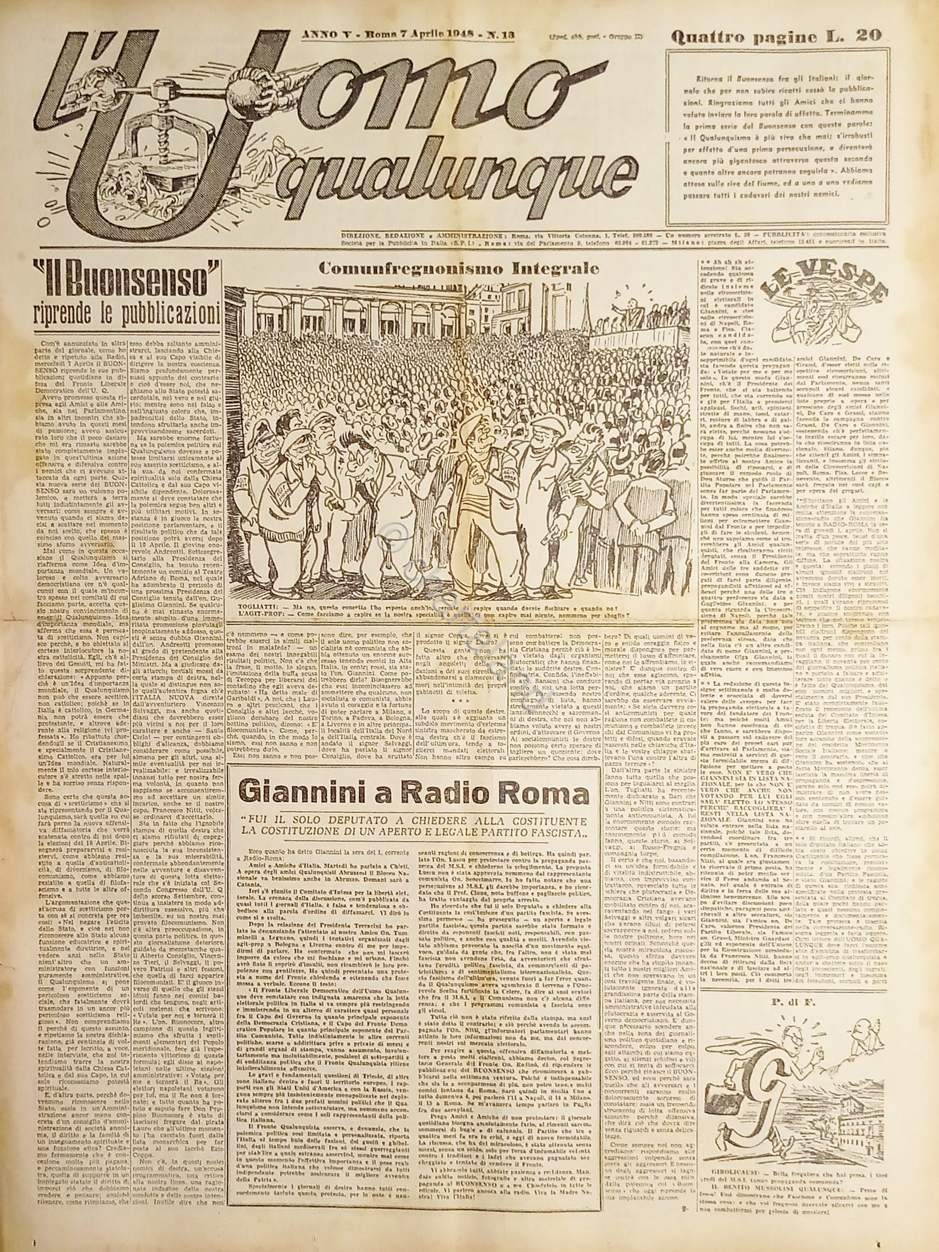 Giornale di G. Giannini - L'Uomo qualunque N. 13 Comunfregnonismo …