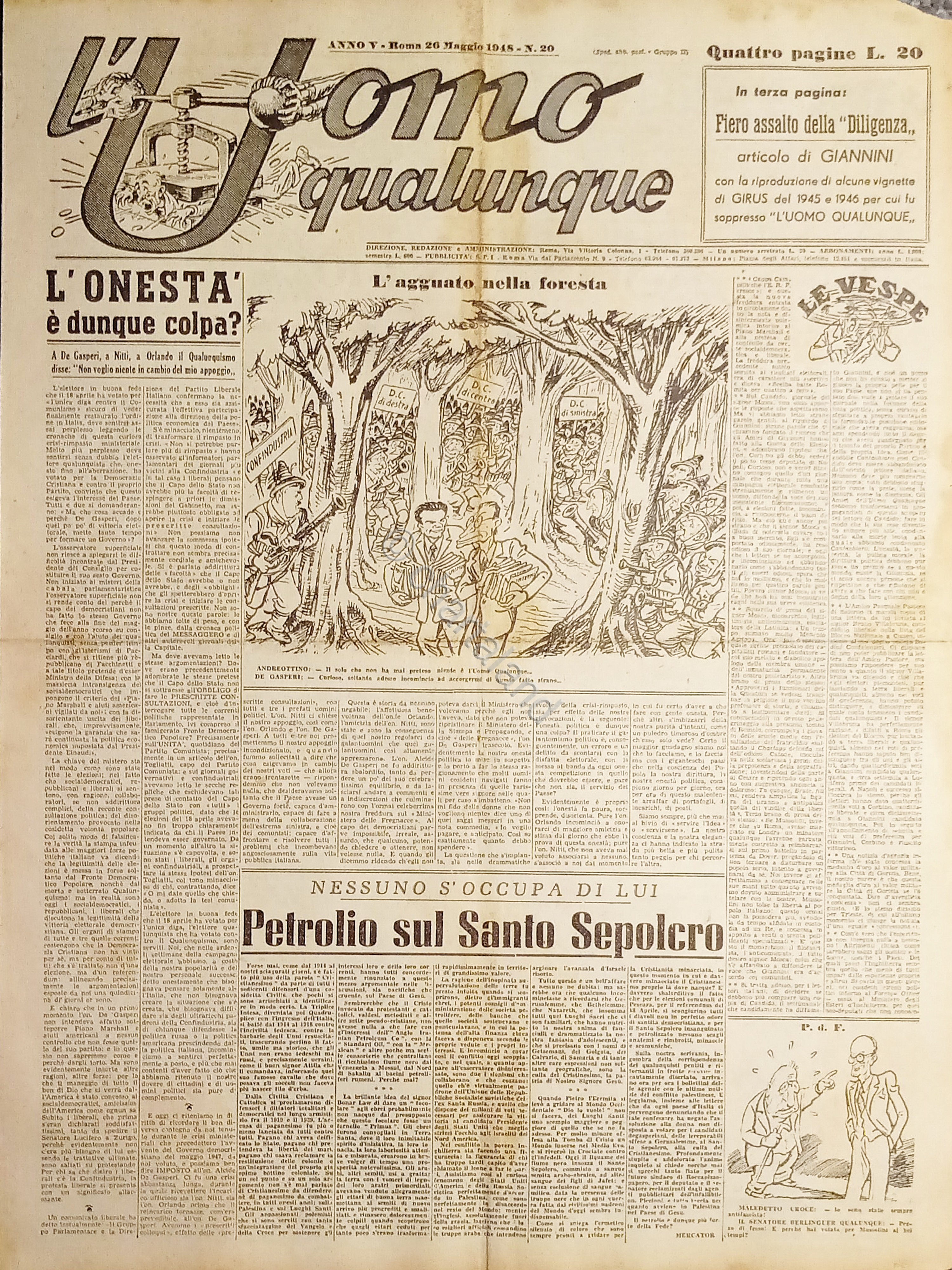 Giornale di G. Giannini - L'Uomo qualunque N. 20 - …