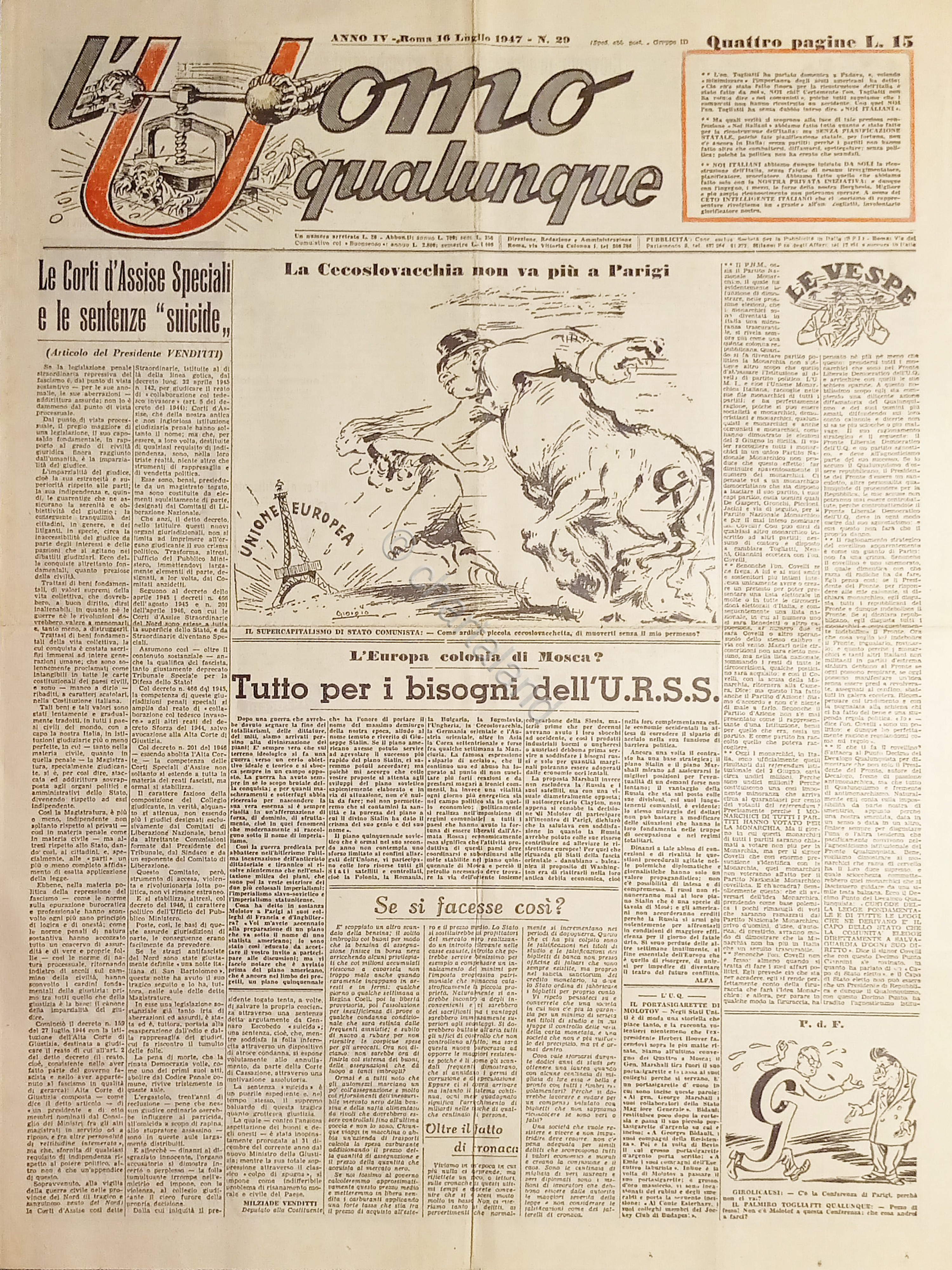 Giornale di G. Giannini - L'Uomo qualunque N. 29 Le …