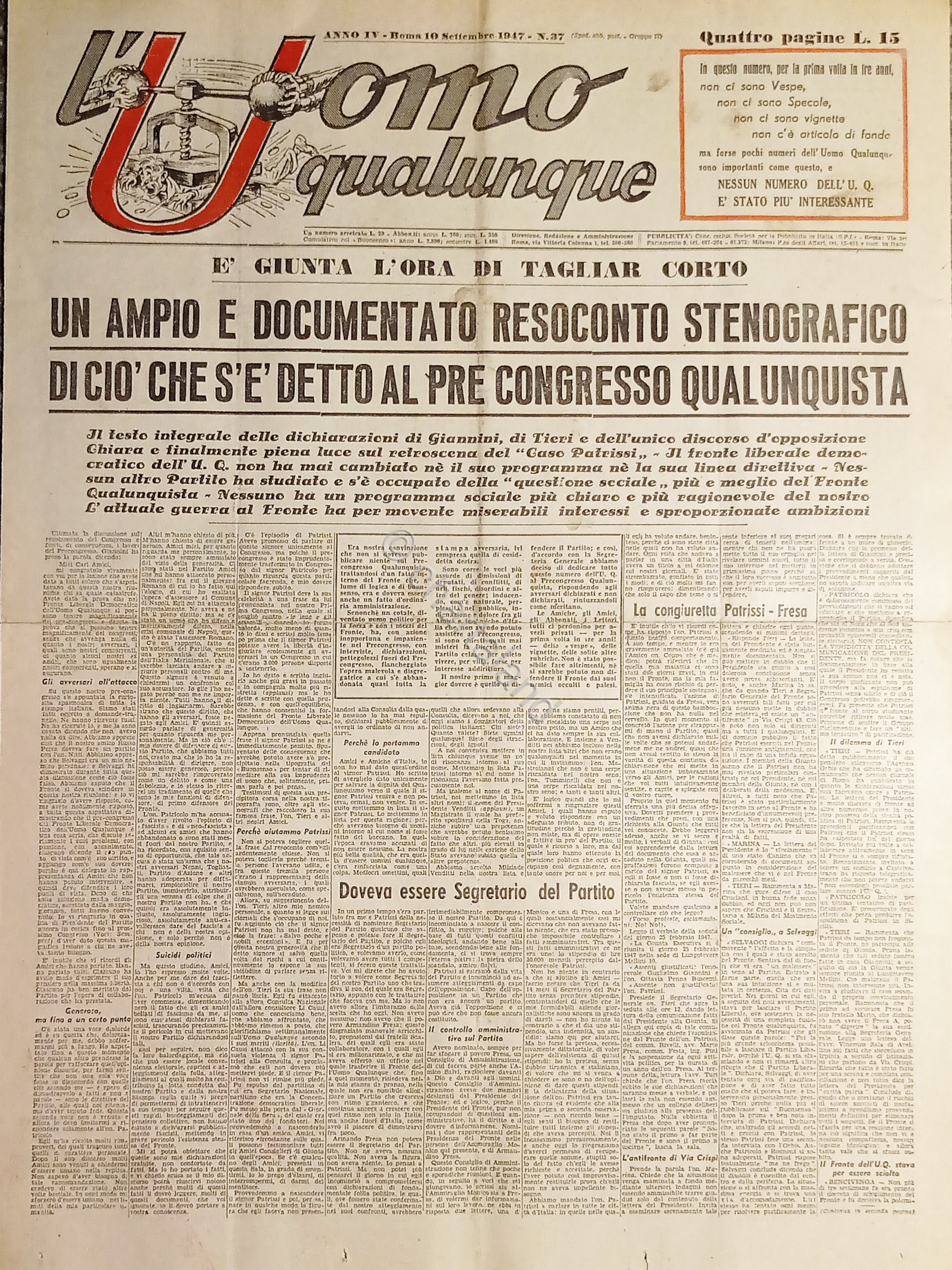 Giornale di G. Giannini - L'Uomo qualunque N. 37 - …