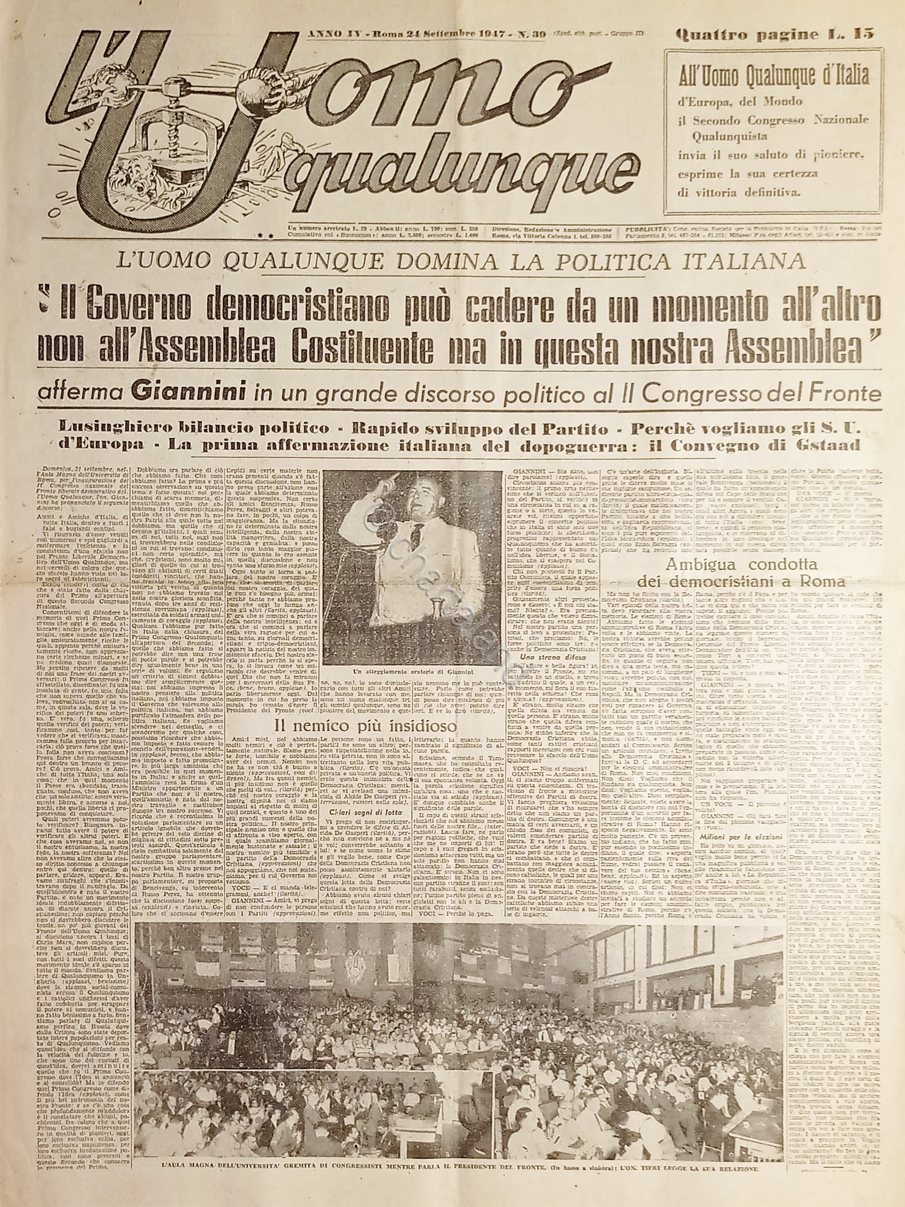 Giornale di G. Giannini - L'Uomo qualunque N. 39 - …