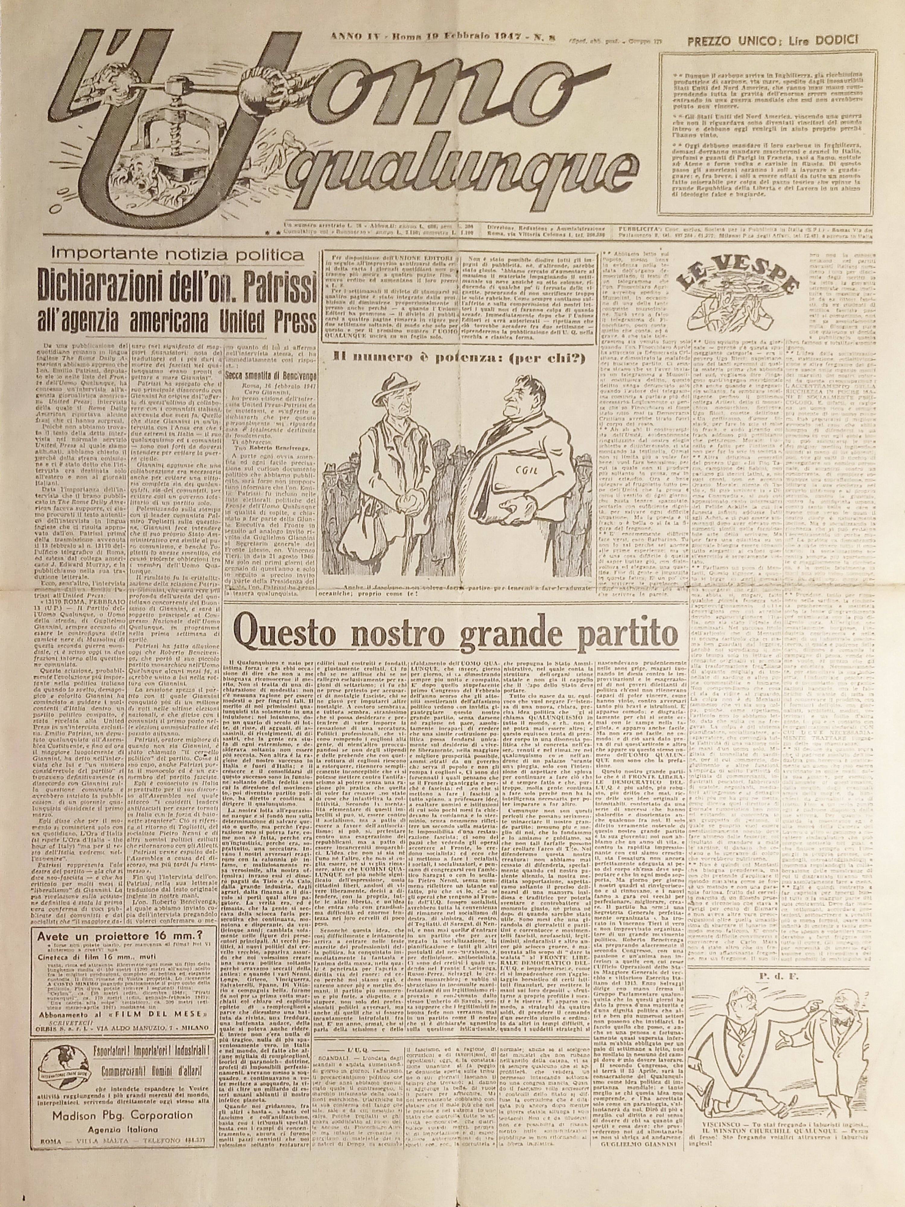 Giornale di G. Giannini - L'Uomo qualunque N. 8 - …