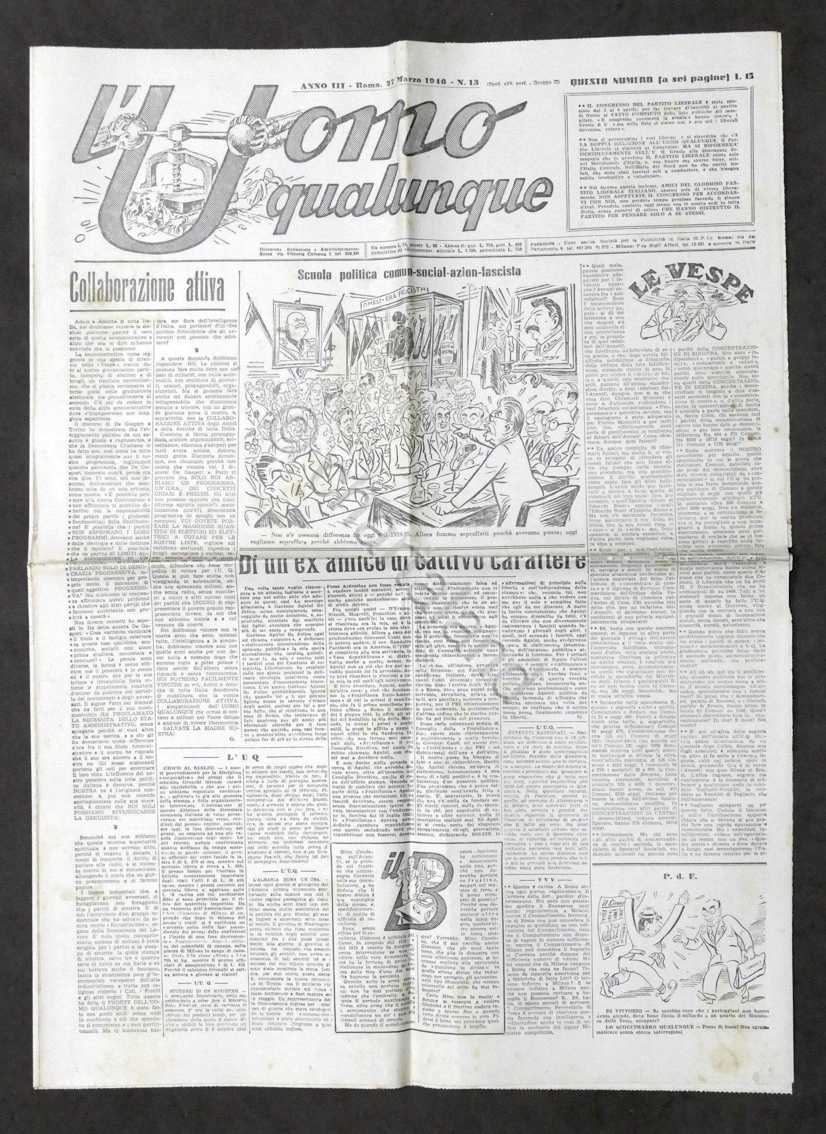 Giornale G. Gianinni - L'Uomo qualunque N. 13 - 1946
