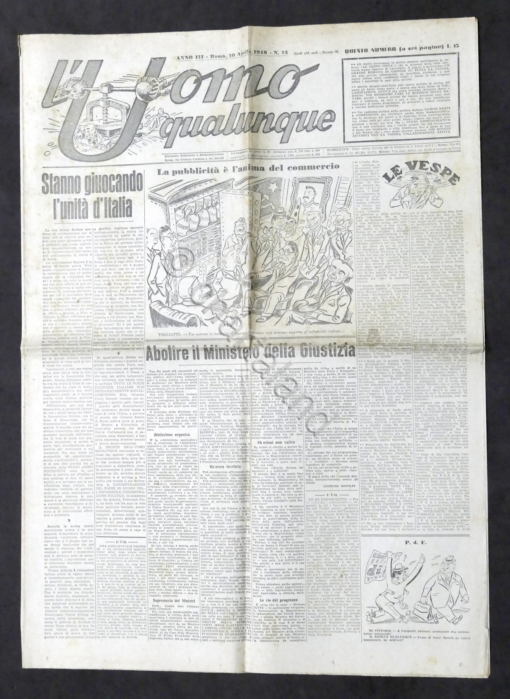 Giornale G. Gianinni - L'Uomo qualunque N. 15 - 1946