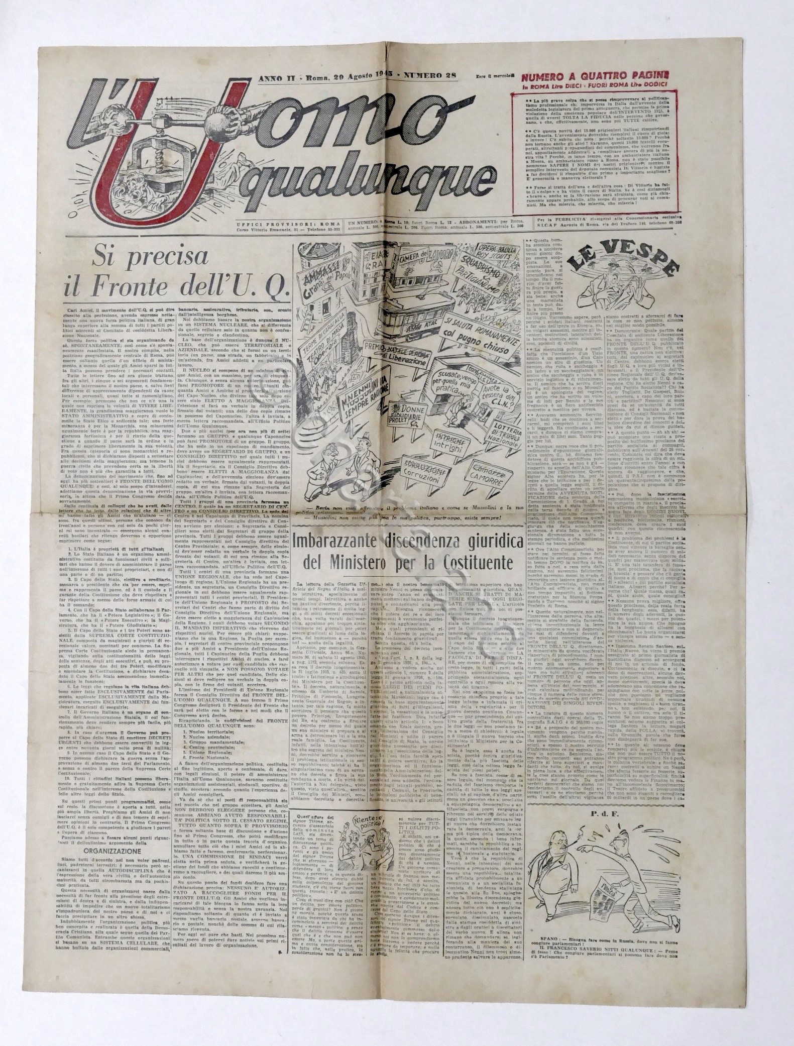 Giornale G. Gianinni - L'Uomo qualunque N. 28 - 1945