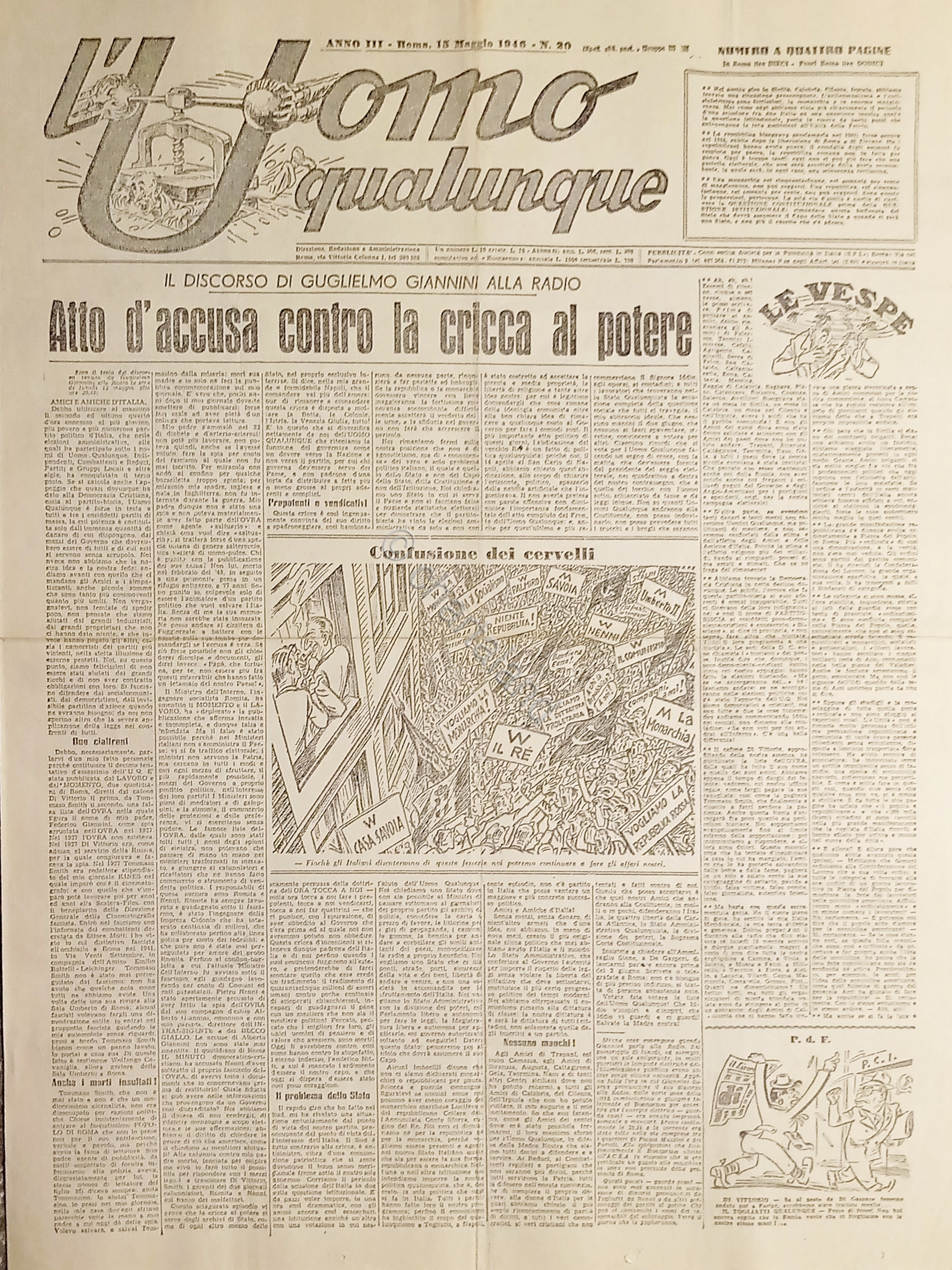 Giornale G. Giannini - L'Uomo qualunque N.20 Atto d'accusa contro …