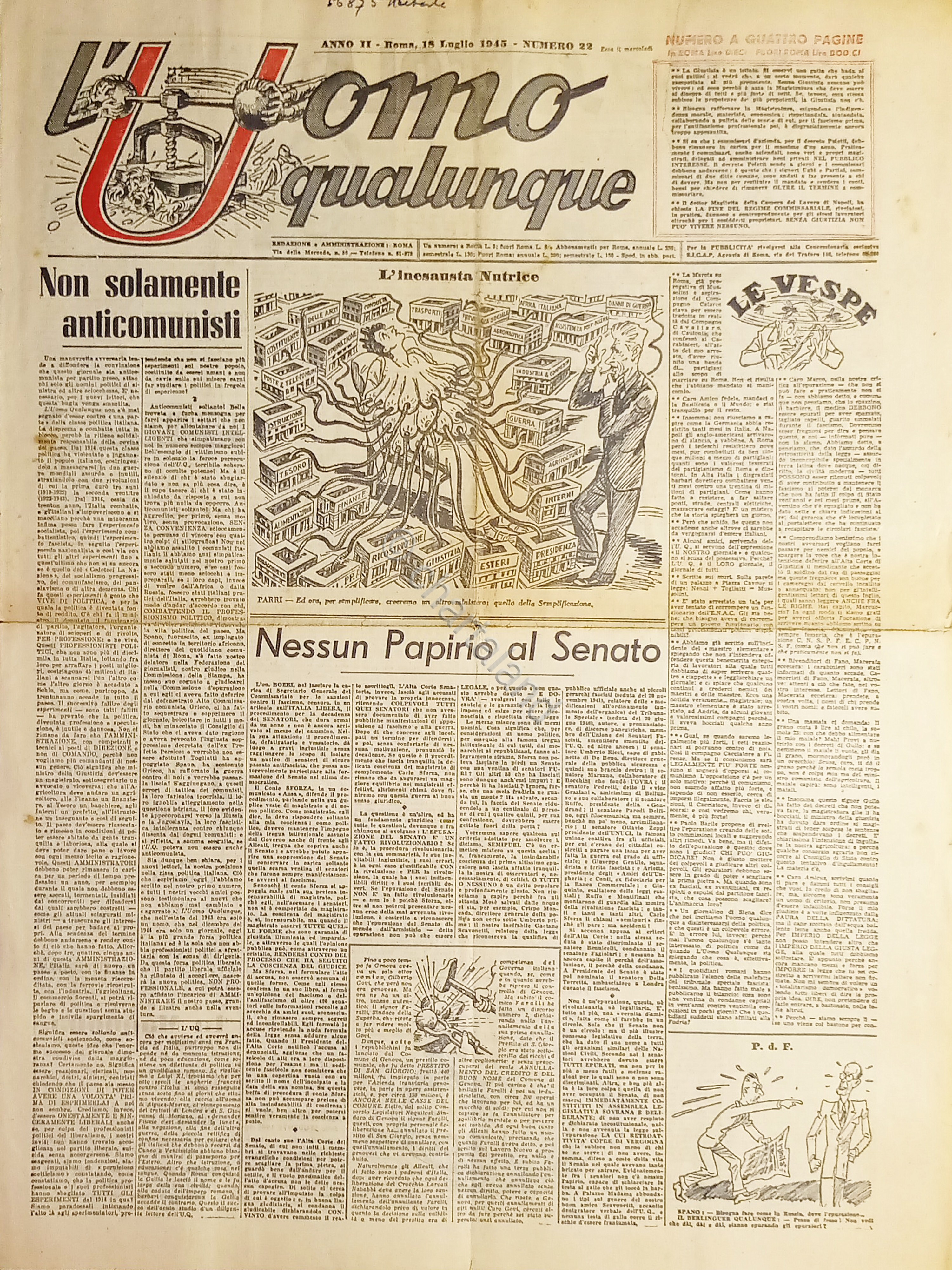 Giornale G. Giannini - L'Uomo qualunque N. 22 - Nessun …