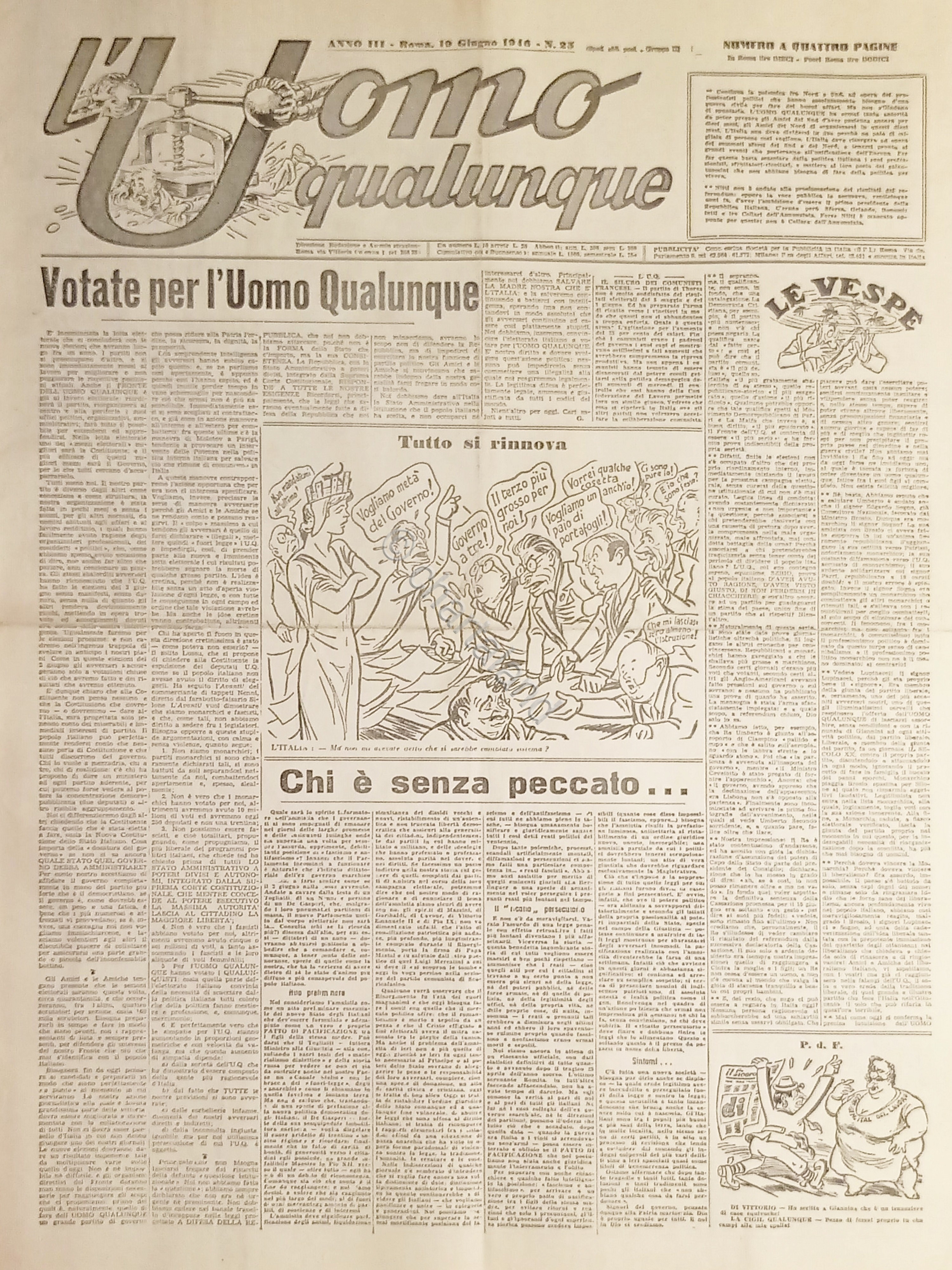 Giornale G. Giannini - L'Uomo qualunque N. 25 Votate per …