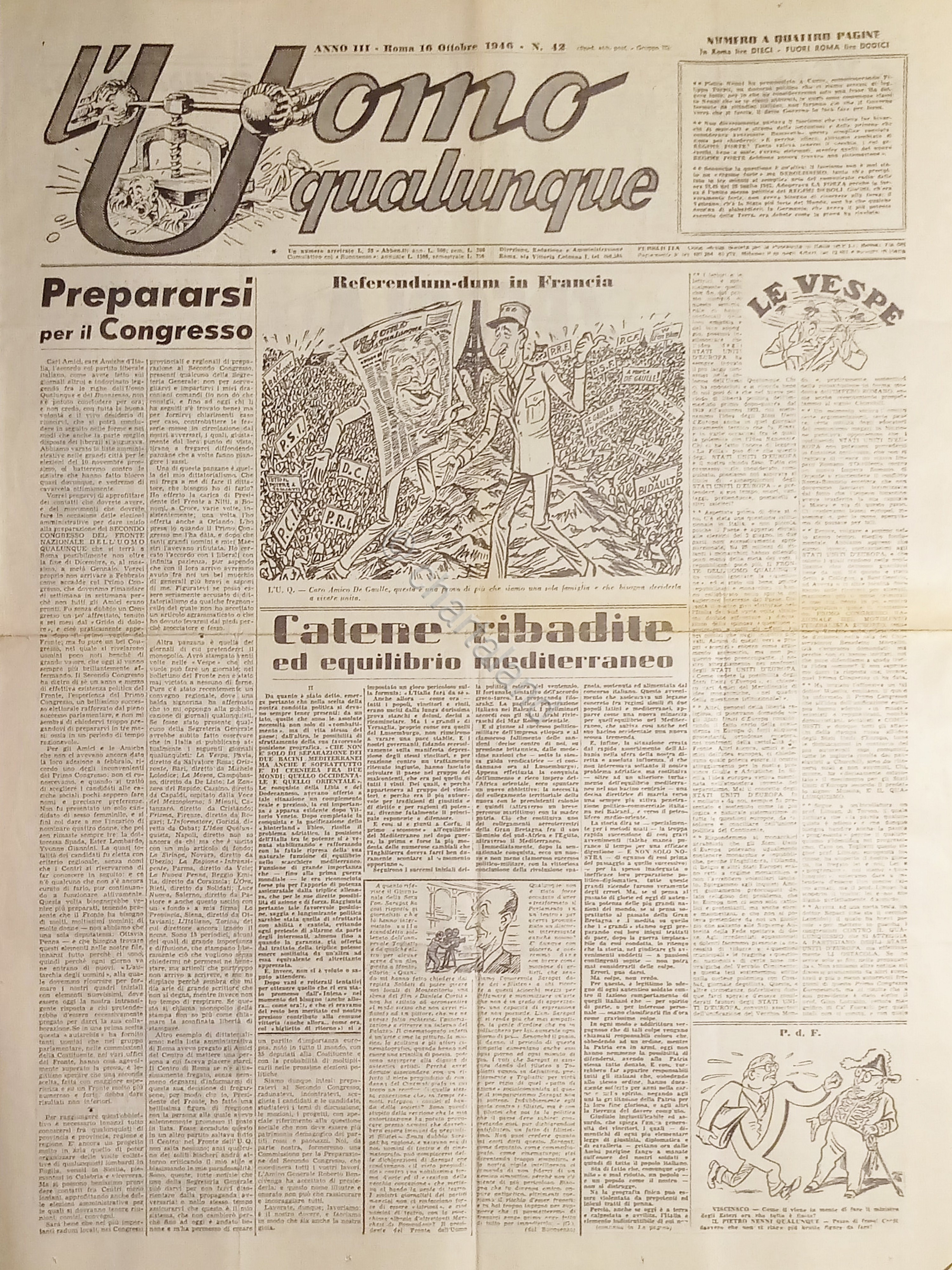 Giornale G. Giannini - L'Uomo qualunque N. 42 - Referendum …