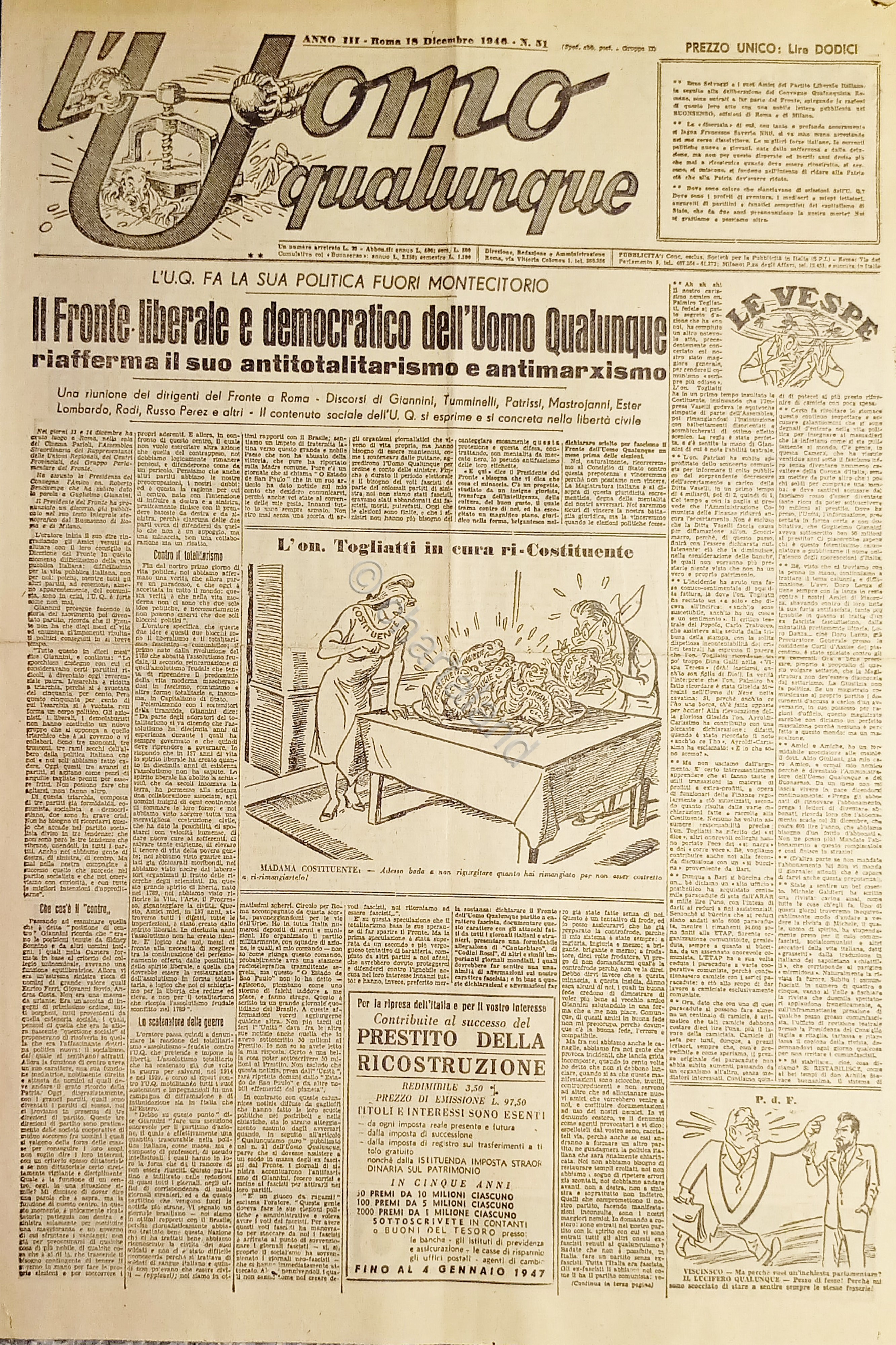 Giornale G. Giannini - L'Uomo qualunque N. 51 Fronte liberale …