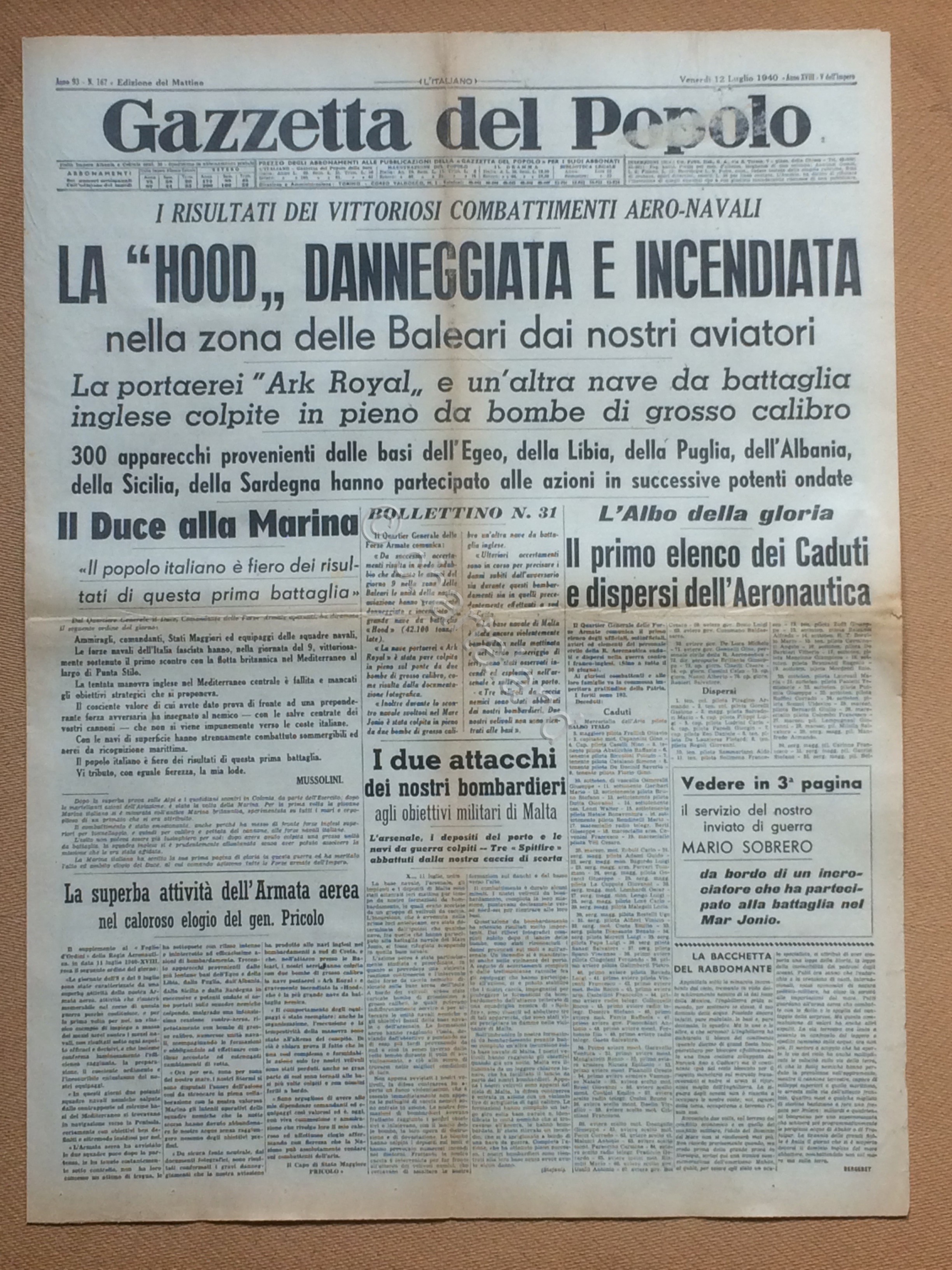 Giornale Gazzetta del Popolo 1940 n. 167