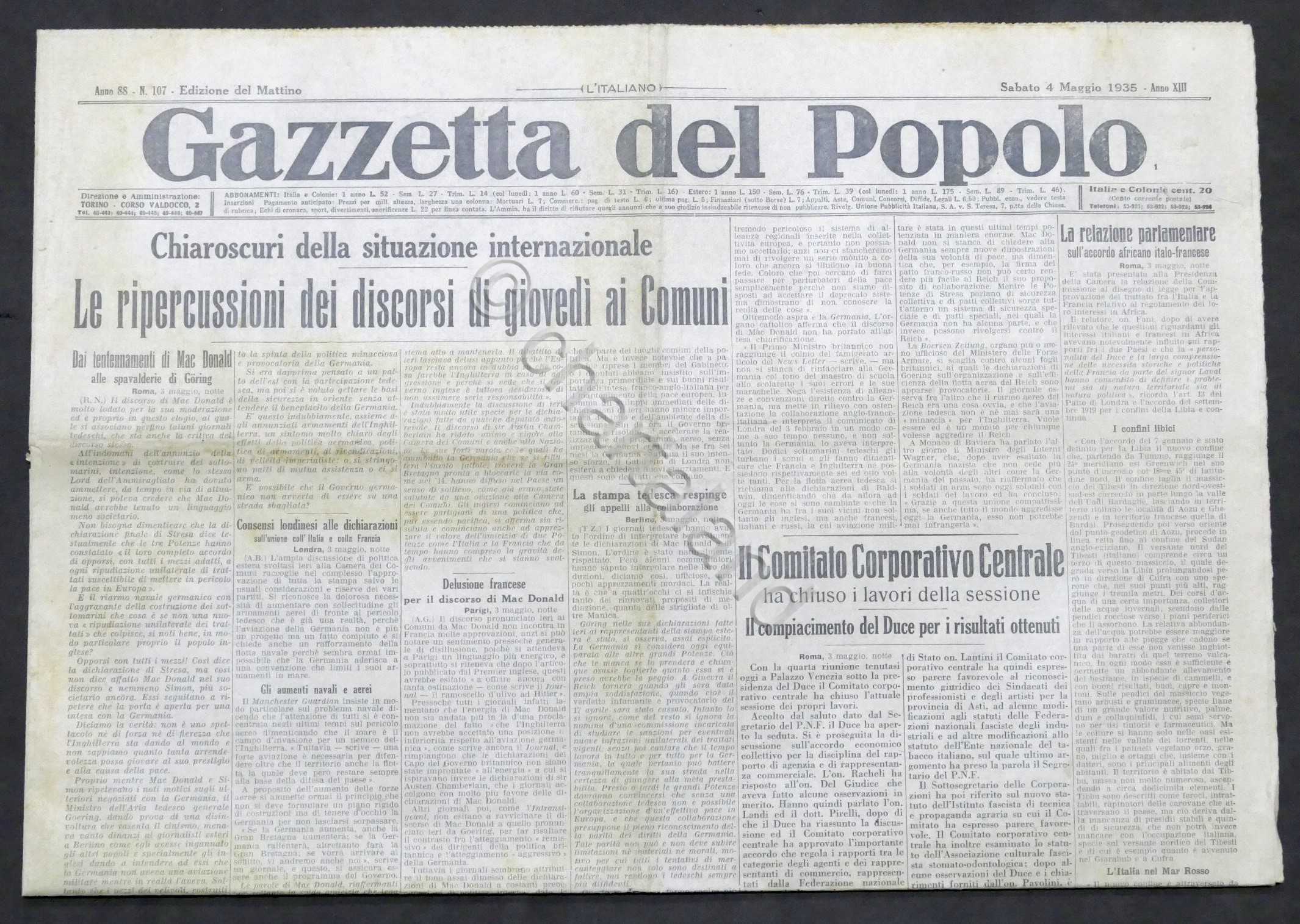 Giornale Gazzetta del Popolo N. 107 - Chiaroscuri situazione internazionale …