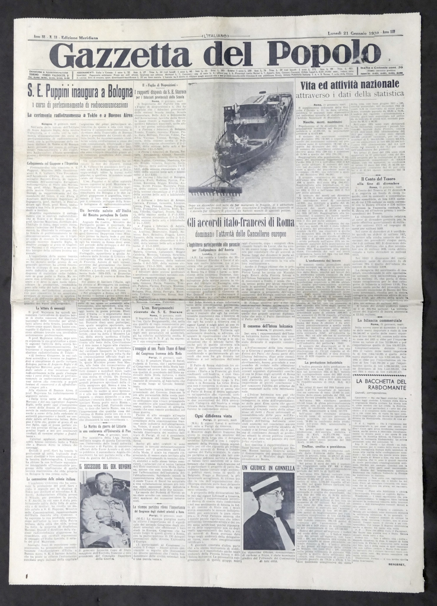 Giornale Gazzetta del Popolo N. 18 Mer. S. E. Puppini …