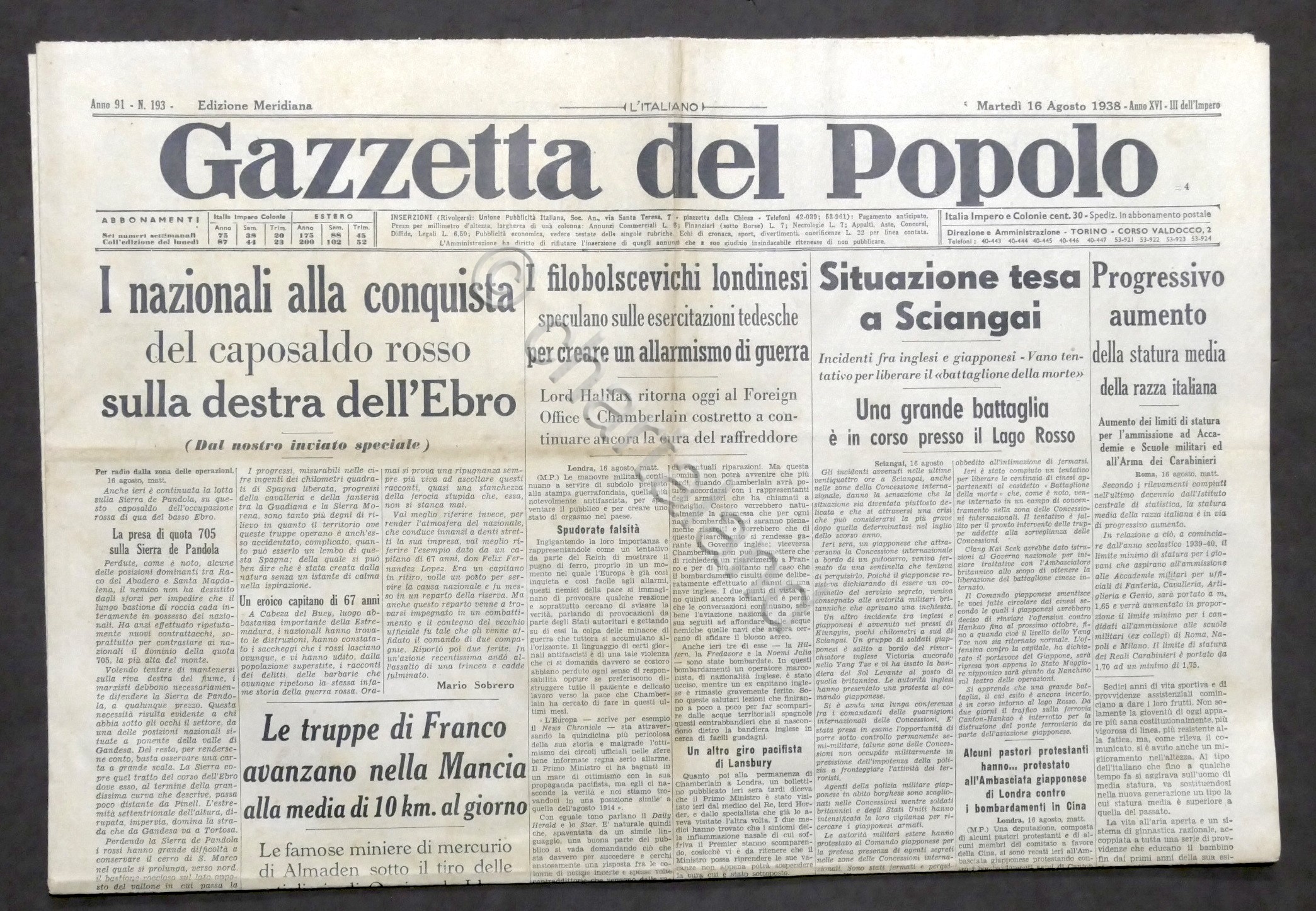 Giornale Gazzetta del Popolo N. 193 Merid. - Situazione tesa …