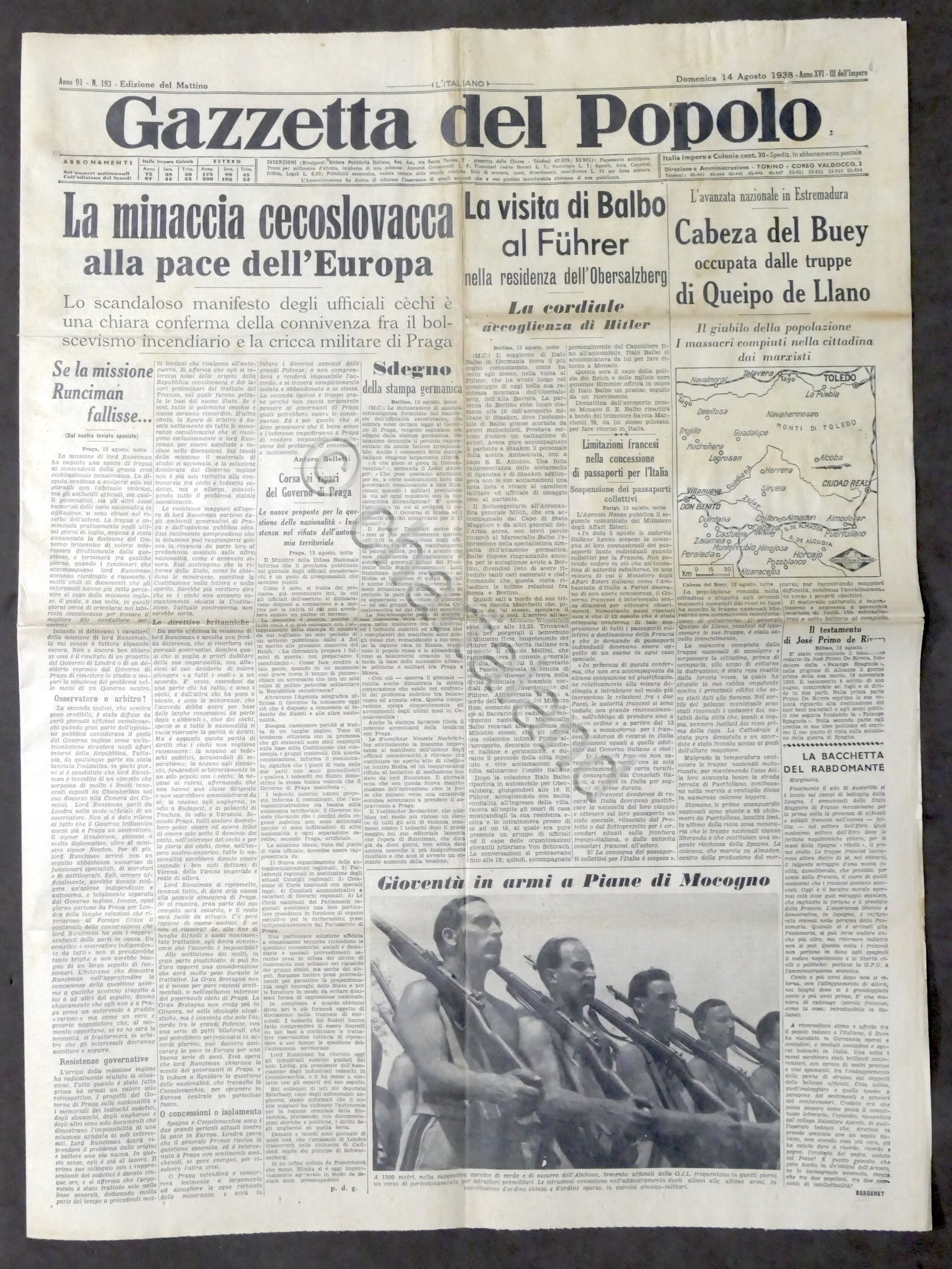 Giornale Gazzetta del Popolo N. 193 Minaccia cecoslovacca alla pace …