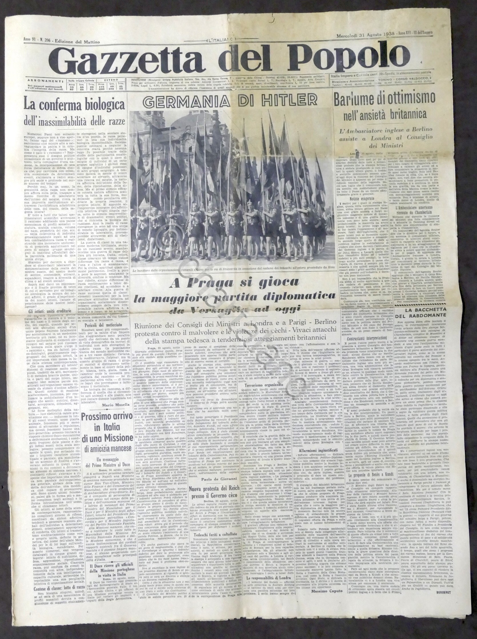 Giornale Gazzetta del Popolo N. 206 - Germania di Hitler …