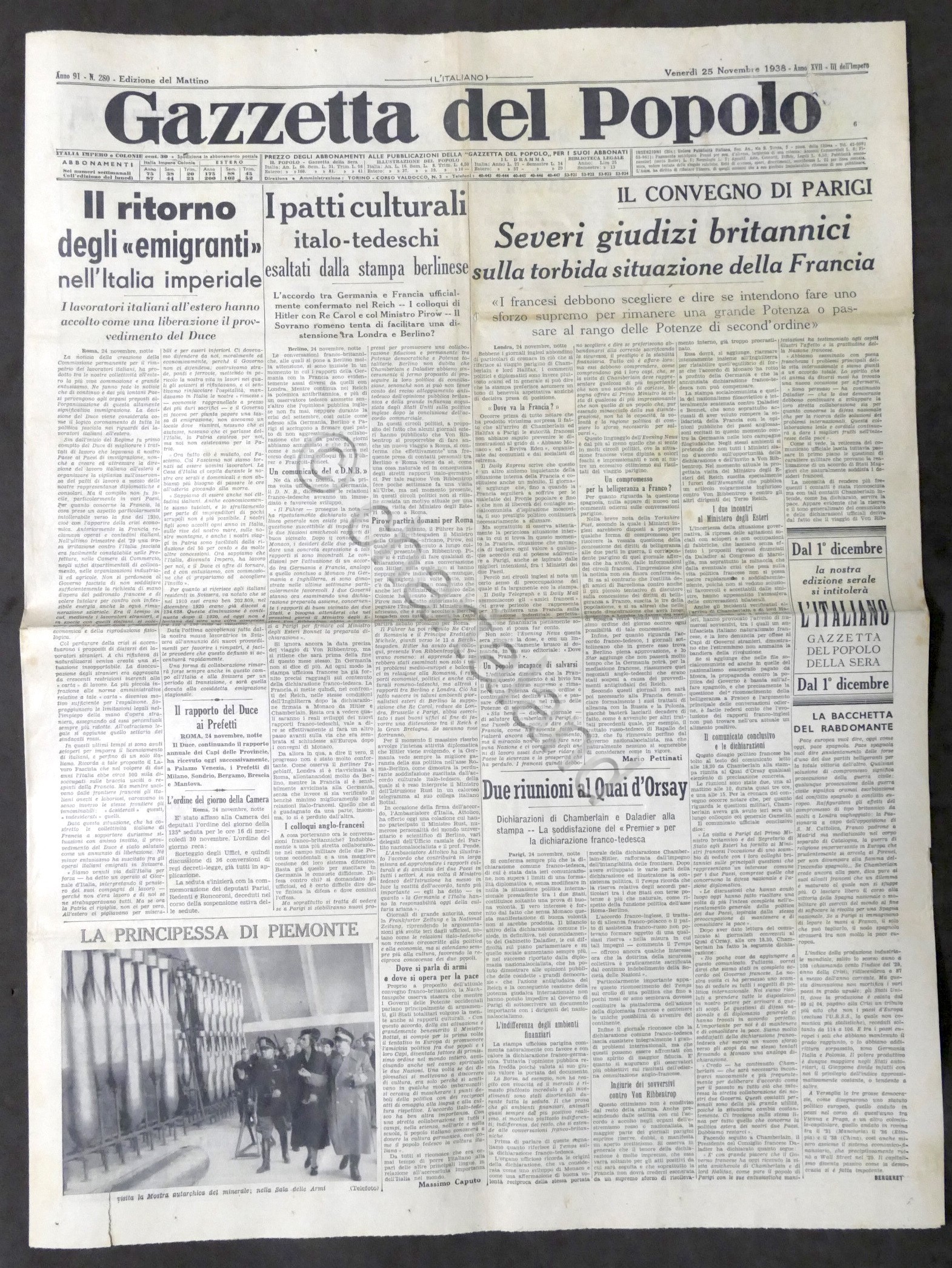 Giornale Gazzetta del Popolo N. 280 - I patti culturale …