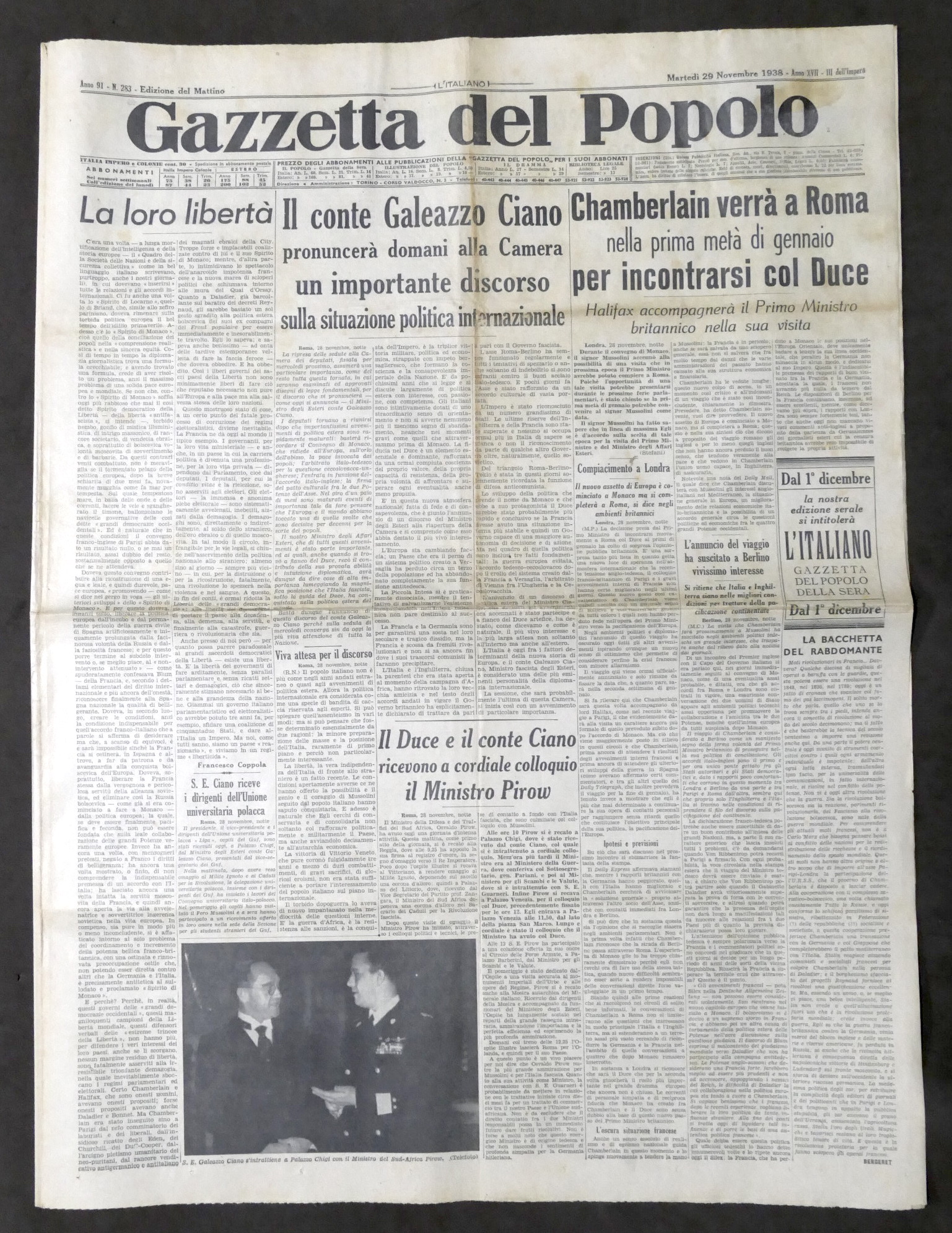 Giornale Gazzetta del Popolo N. 283 - Chamberlain verrà a …