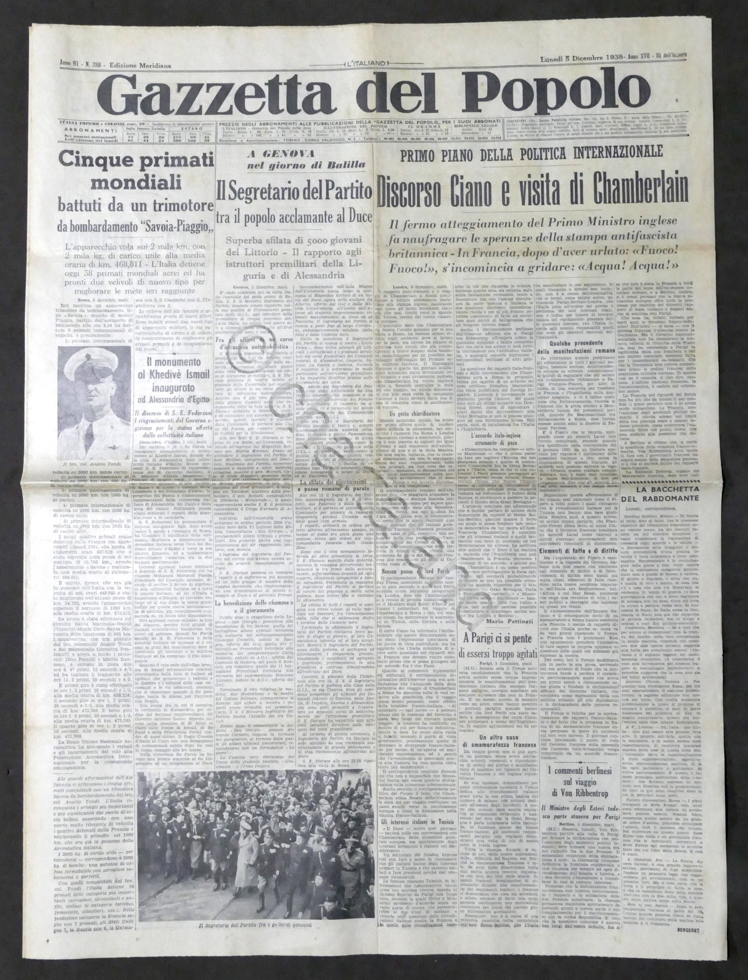 Giornale Gazzetta del Popolo N. 288 Discorso Ciano e visita …