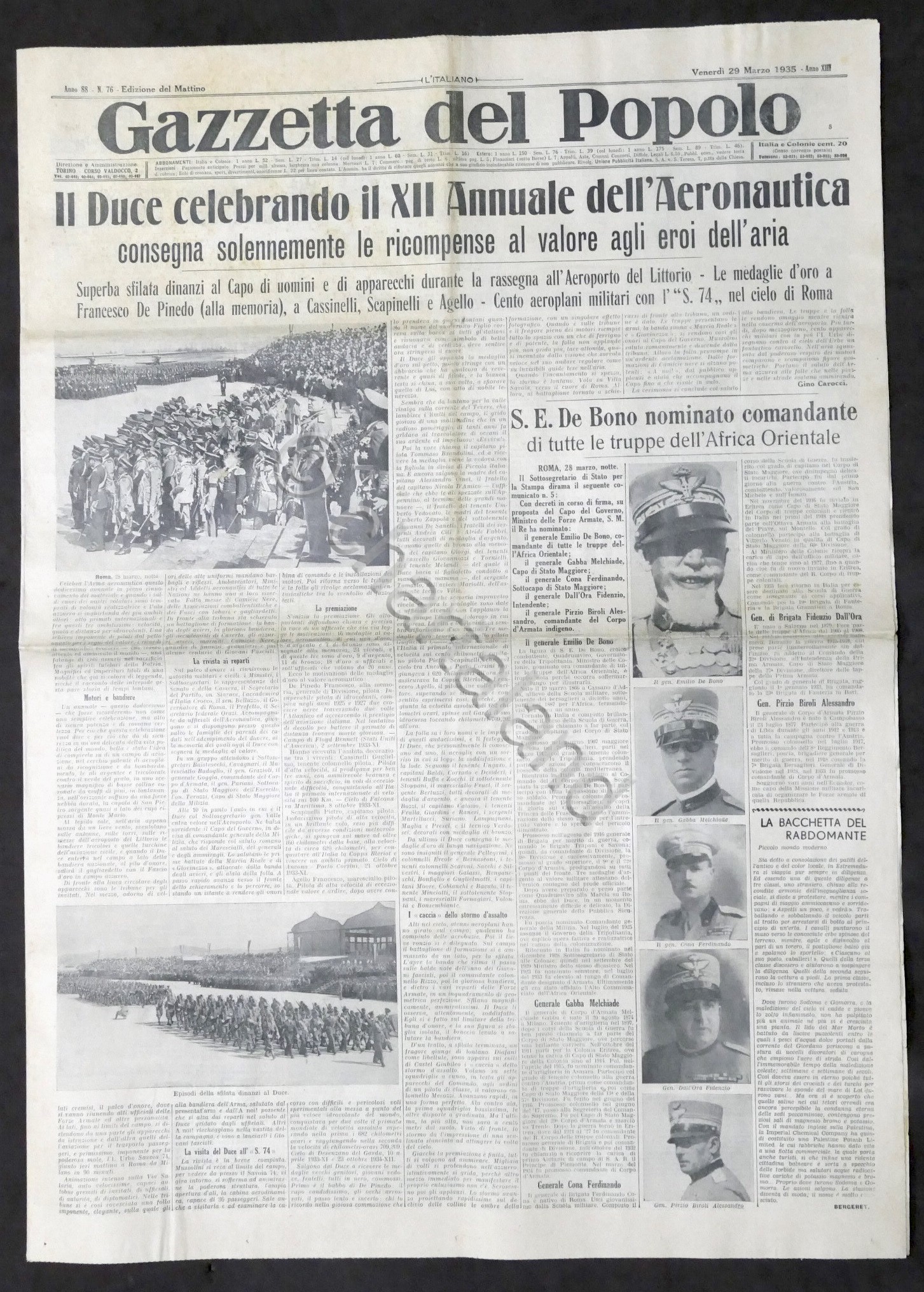 Giornale Gazzetta del Popolo N.76 Duce celebra XII Annuale dell'Aeronautica …