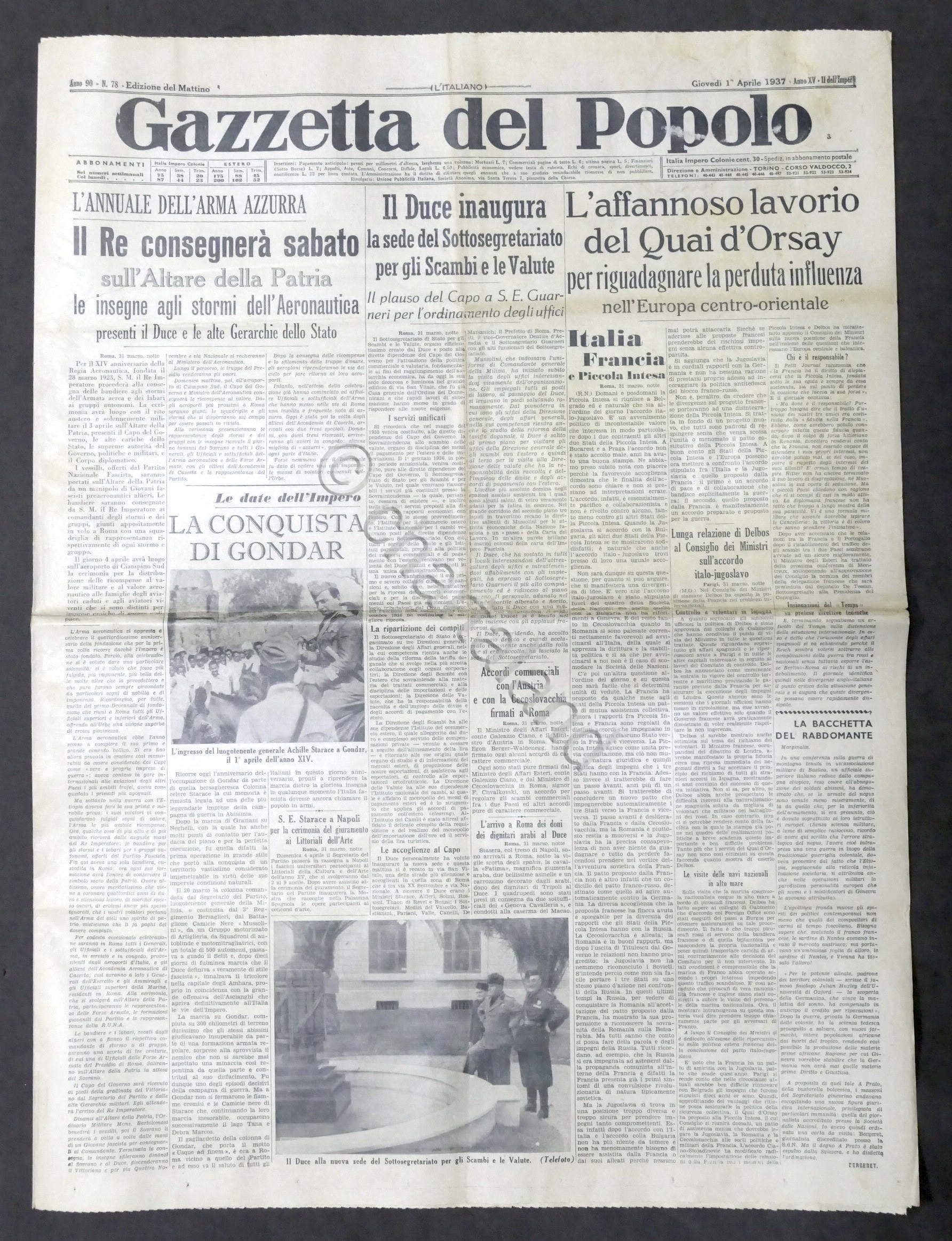 Giornale Gazzetta del Popolo N. 78 - Duce inaugura sede …