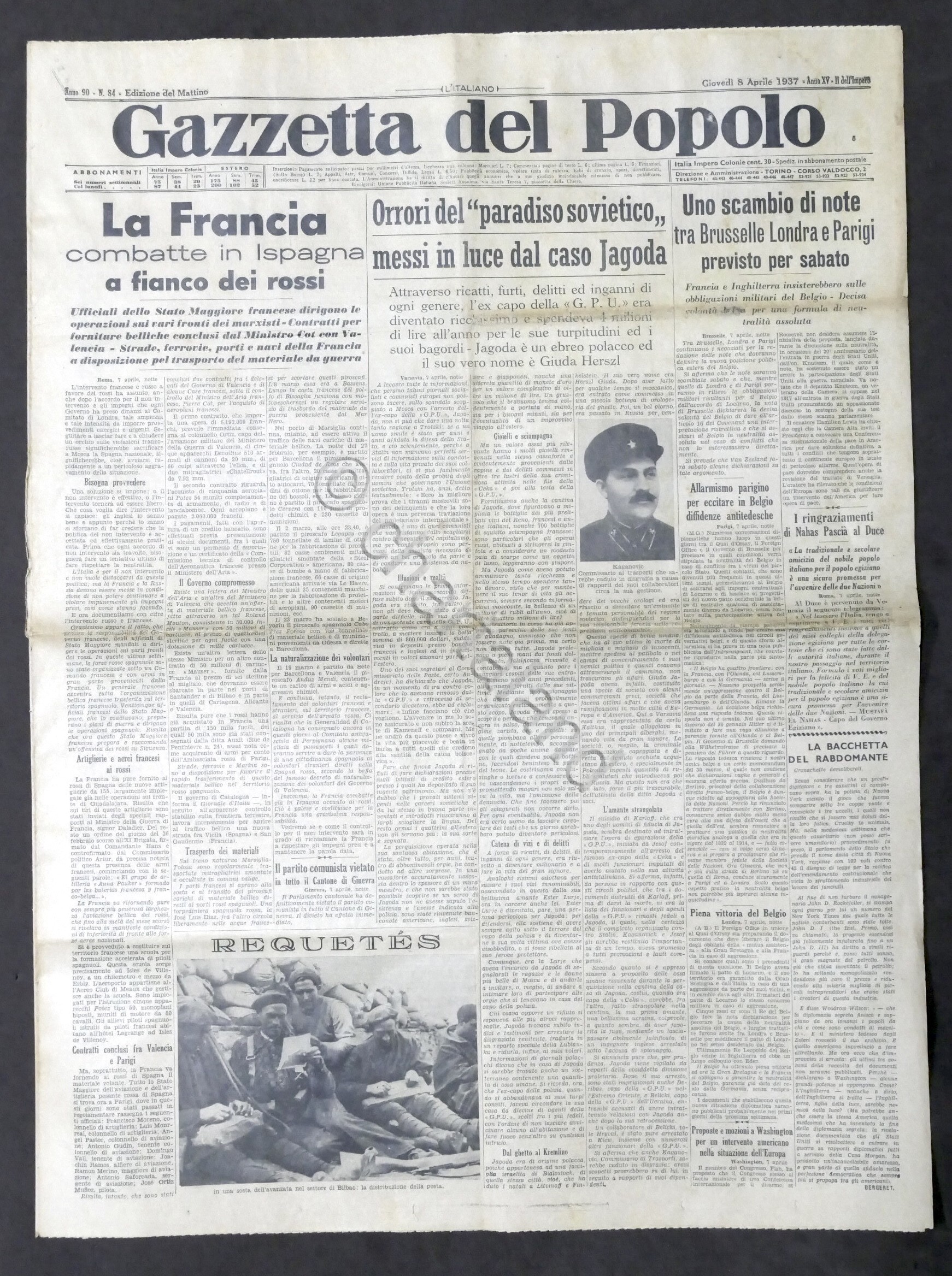 Giornale Gazzetta del Popolo N.84 Francia combatte in Spagna a …