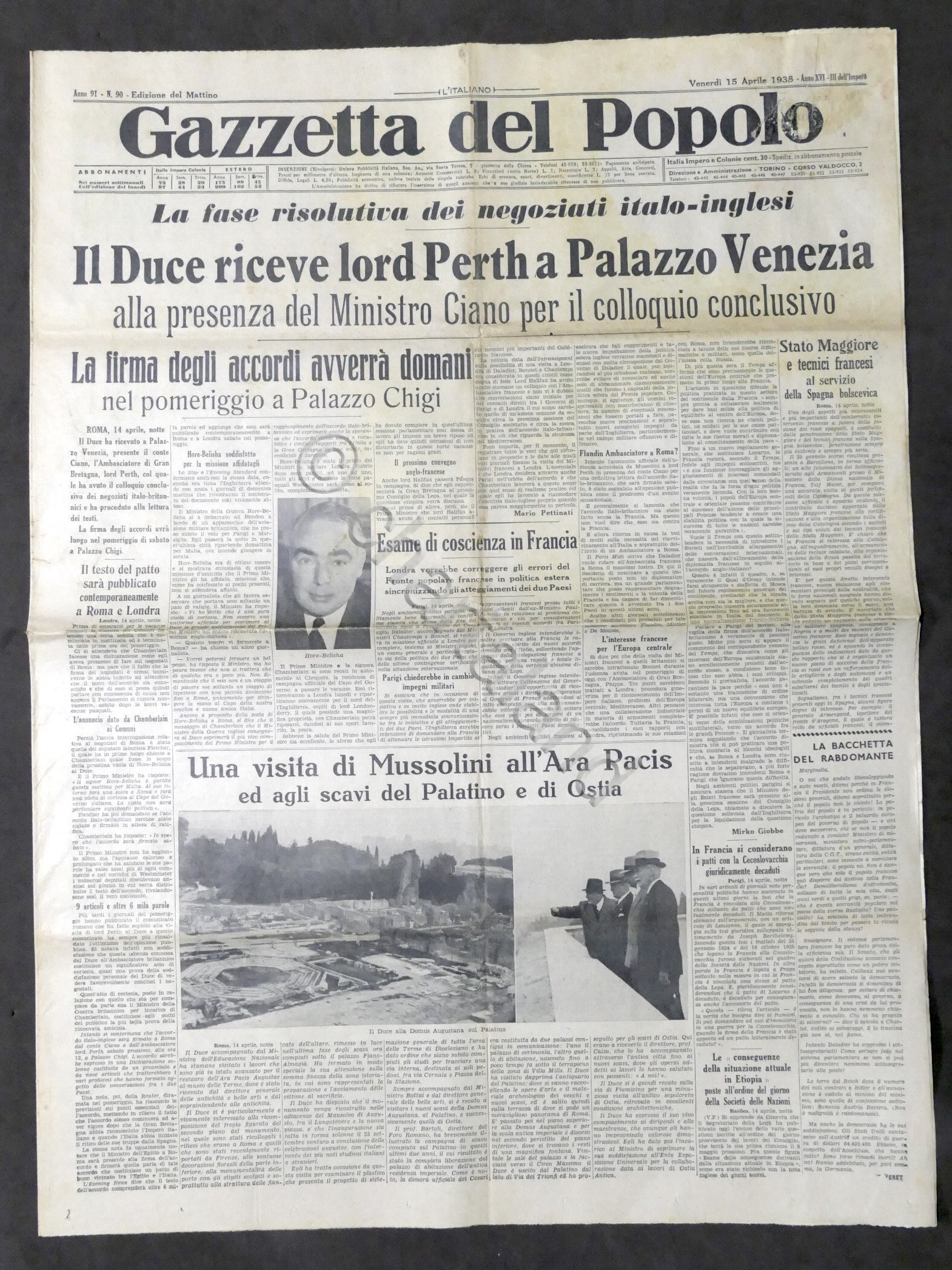 Giornale Gazzetta del Popolo N. 90 Duce riceve lord Perth …